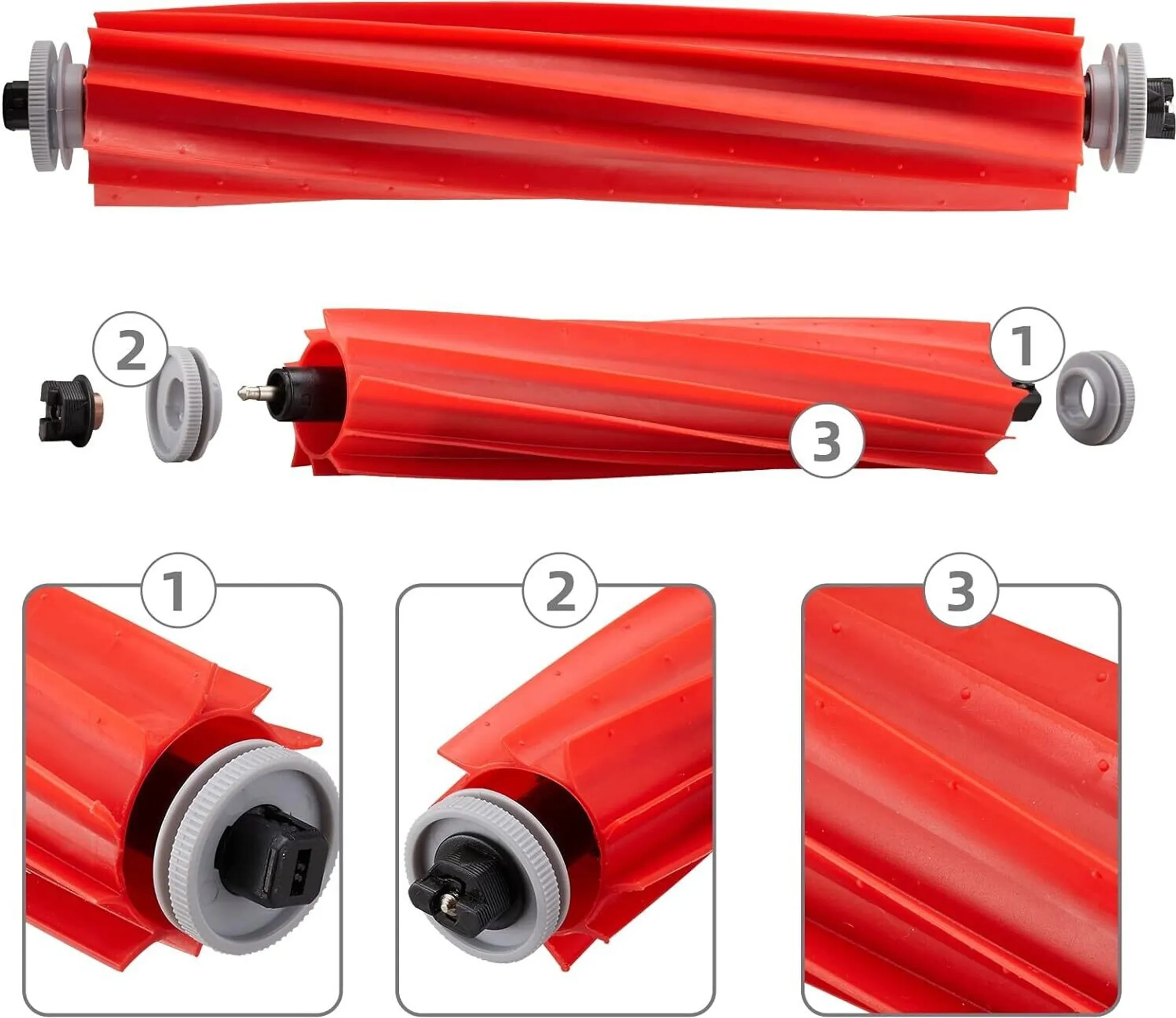 Das Bild zeigt eine rote Walze mit den Teilen 1, 2 und 3. Die Walze hat ein Spiraldesign und ist für einen Staubsauger.