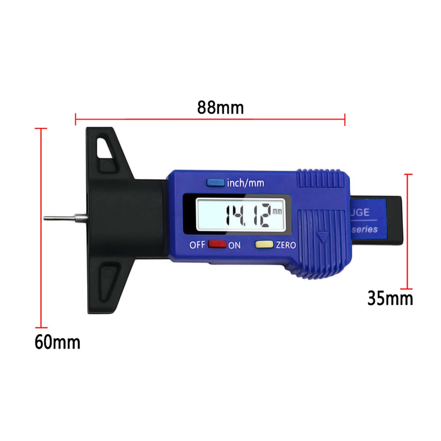 Ein blaues digitales Tiefenmessgerät zeigt 14,12 mm an. Es hat eine Ein/Aus-Taste und eine Zero-Taste. Abmessungen sind beschriftet.