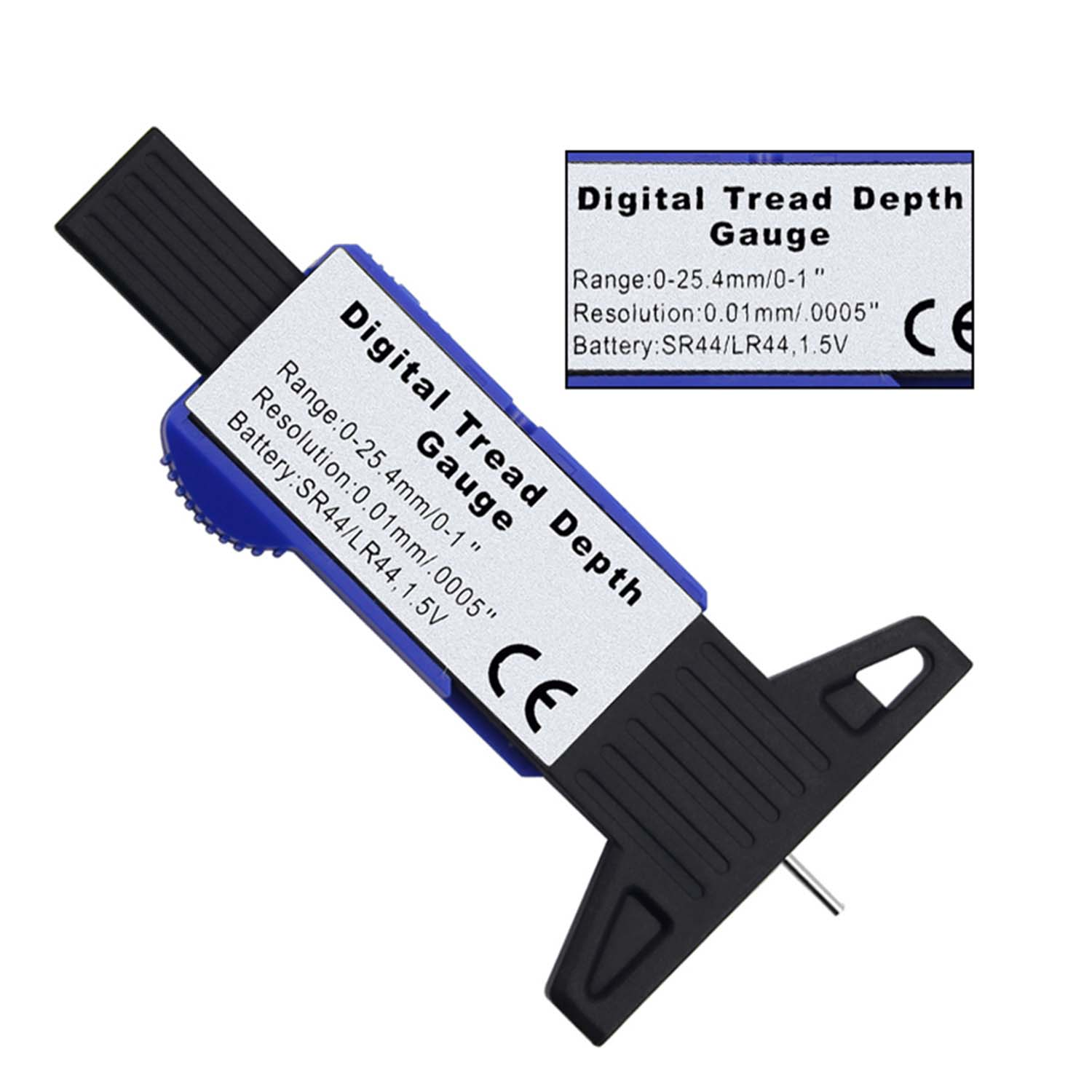 Digitales Profiltiefenmessgerät. Schwarzes und blaues Gehäuse mit weißem Text. Zeigt den Bereich, die Auflösung und den Batterietyp an.