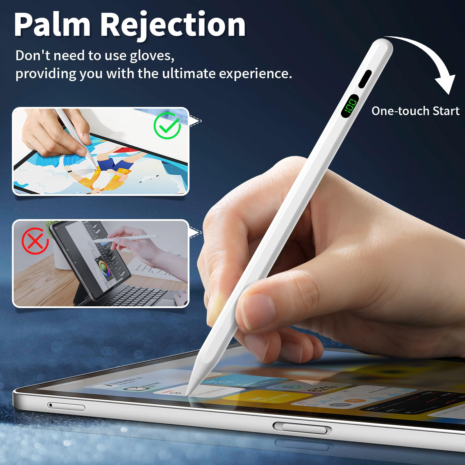 Ein weißer Stift wird von einer Hand über einem Tablet gehalten. Der Bildschirm zeigt App-Symbole. Text: Palm Rejection.