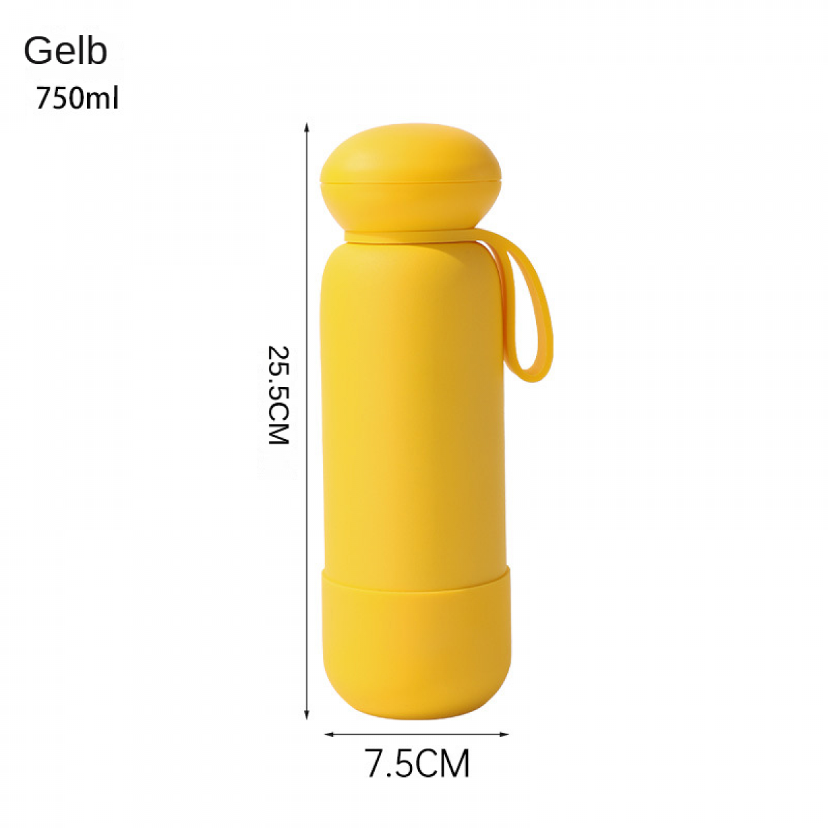 Eine gelbe 750ml Wasserflasche mit Henkel, 25,5cm hoch und 7,5cm breit, vor weißem Hintergrund.