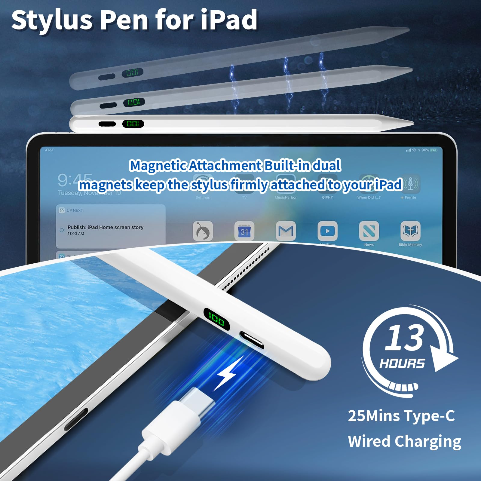 Stylus-Stift für iPad. Inklusive Ladekabel und Magnetbefestigung. Bietet 13 Stunden Nutzung und 25 Minuten Typ-C-Laden.