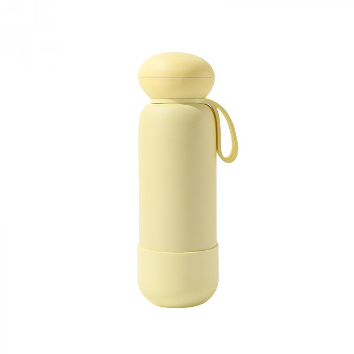 Eine gelbe isolierte Wasserflasche mit Henkel, Deckel und Boden, vor weißem Hintergrund. Die Flasche ist zylindrisch.