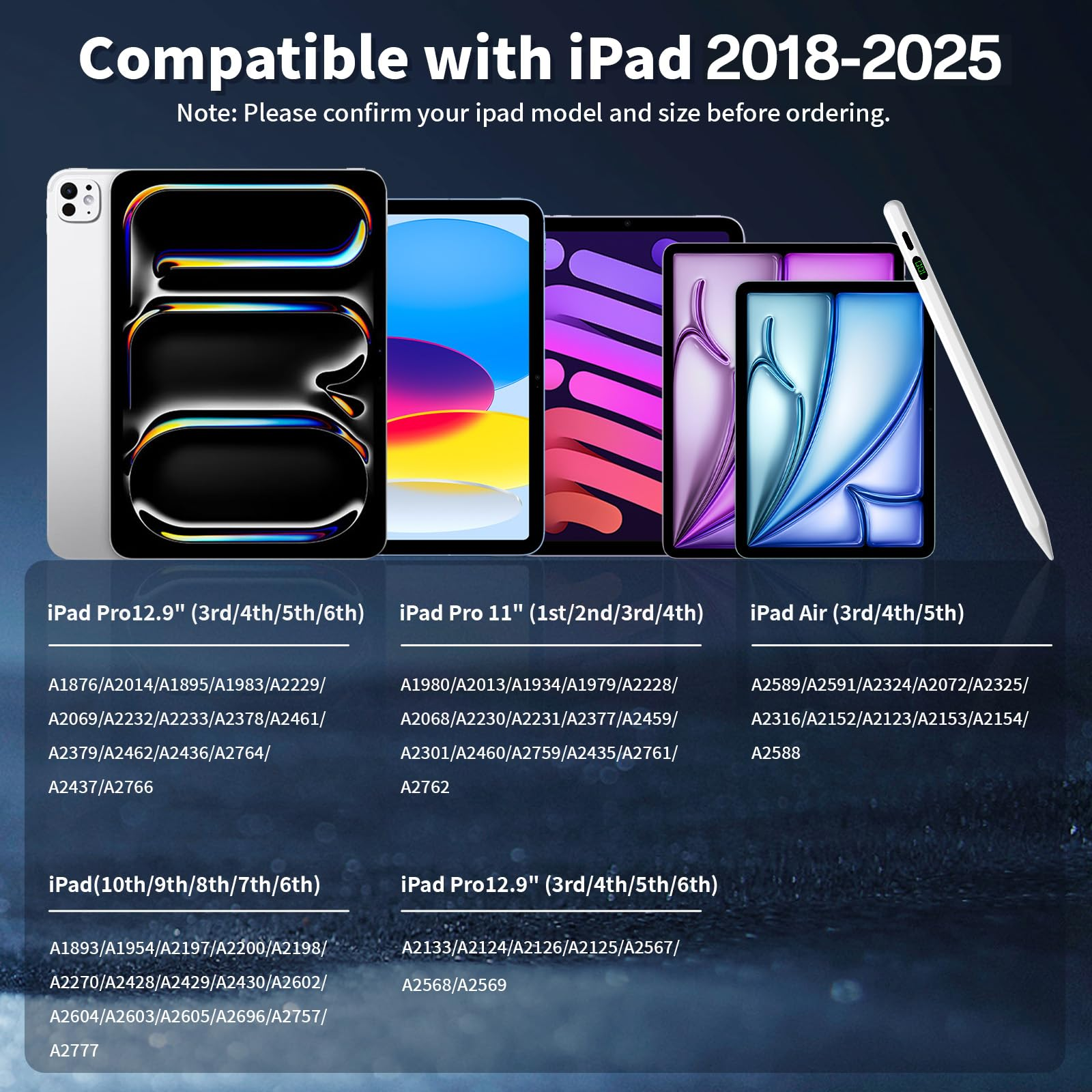 Das Bild zeigt iPads und einen Stift. Der Text weist auf die Kompatibilität mit iPad-Modellen von 2018-2025 hin.