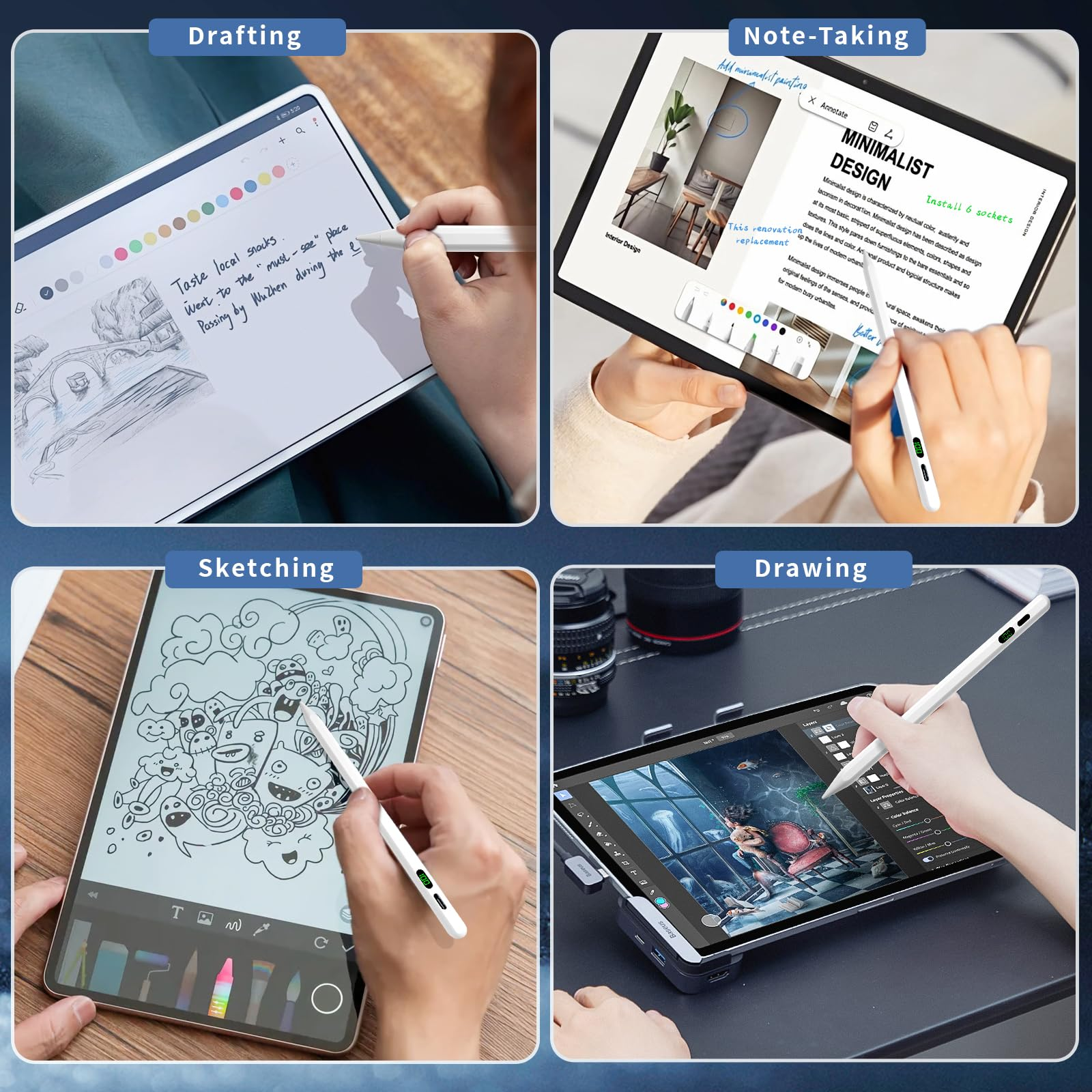 Ein Tablet zeigt Entwürfe, Notizen, Skizzen und Zeichnungen. Eine Hand benutzt einen Stift auf jedem Bildschirm. Die Bildschirme zeigen verschiedene Apps.