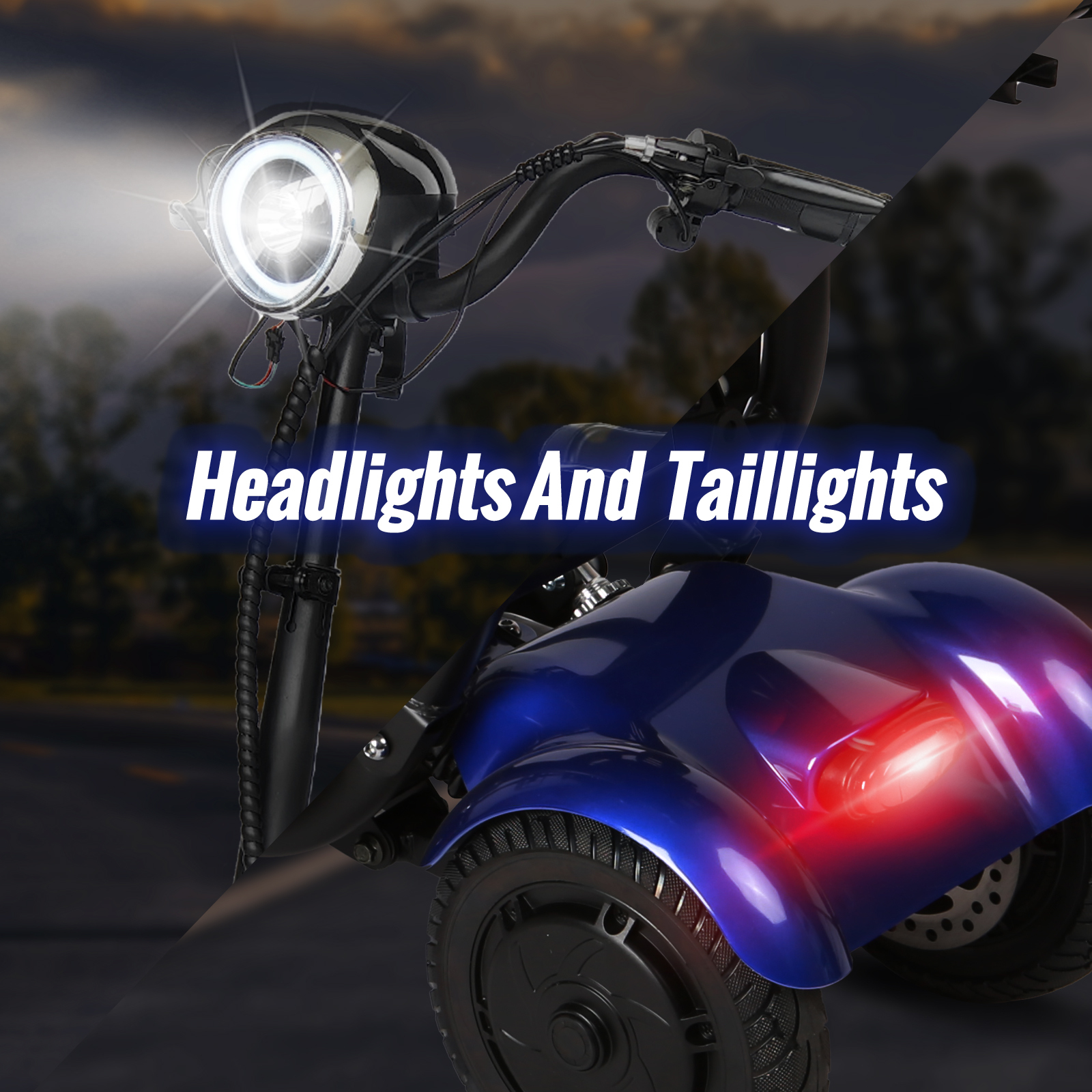 Skuter elektryczny z jasnym reflektorem i tylnym światłem. Niebieska rama z czarnymi kołami. Rozmyte tło z tekstem 'Headlights And Taillights'.