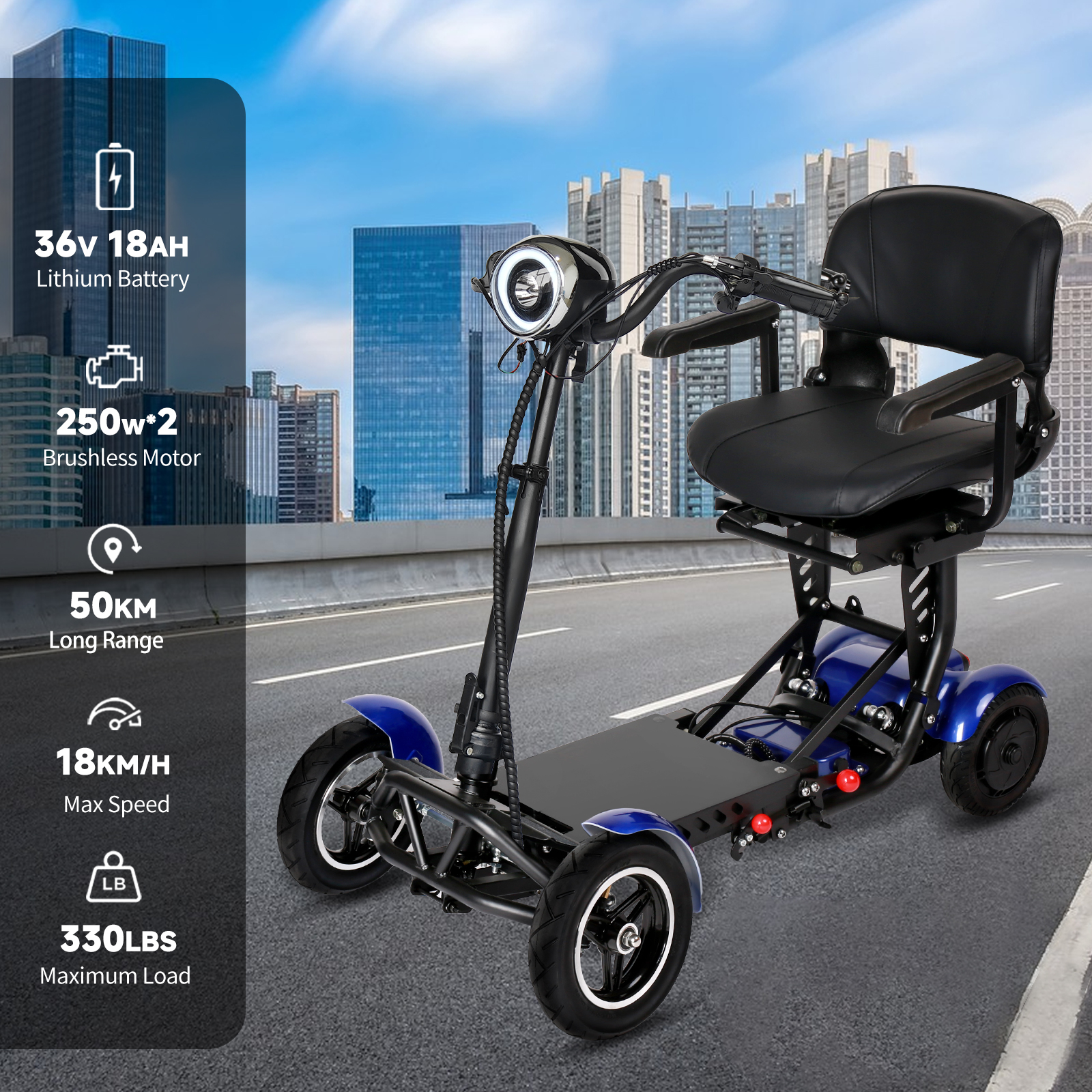 Elektryczny skuter mobilności, czarno-niebieski, na drodze. Statystyki: bateria 36V 18AH, silnik 250w*2, zasięg 50km, prędkość 18km/h, obciążenie 330lbs.