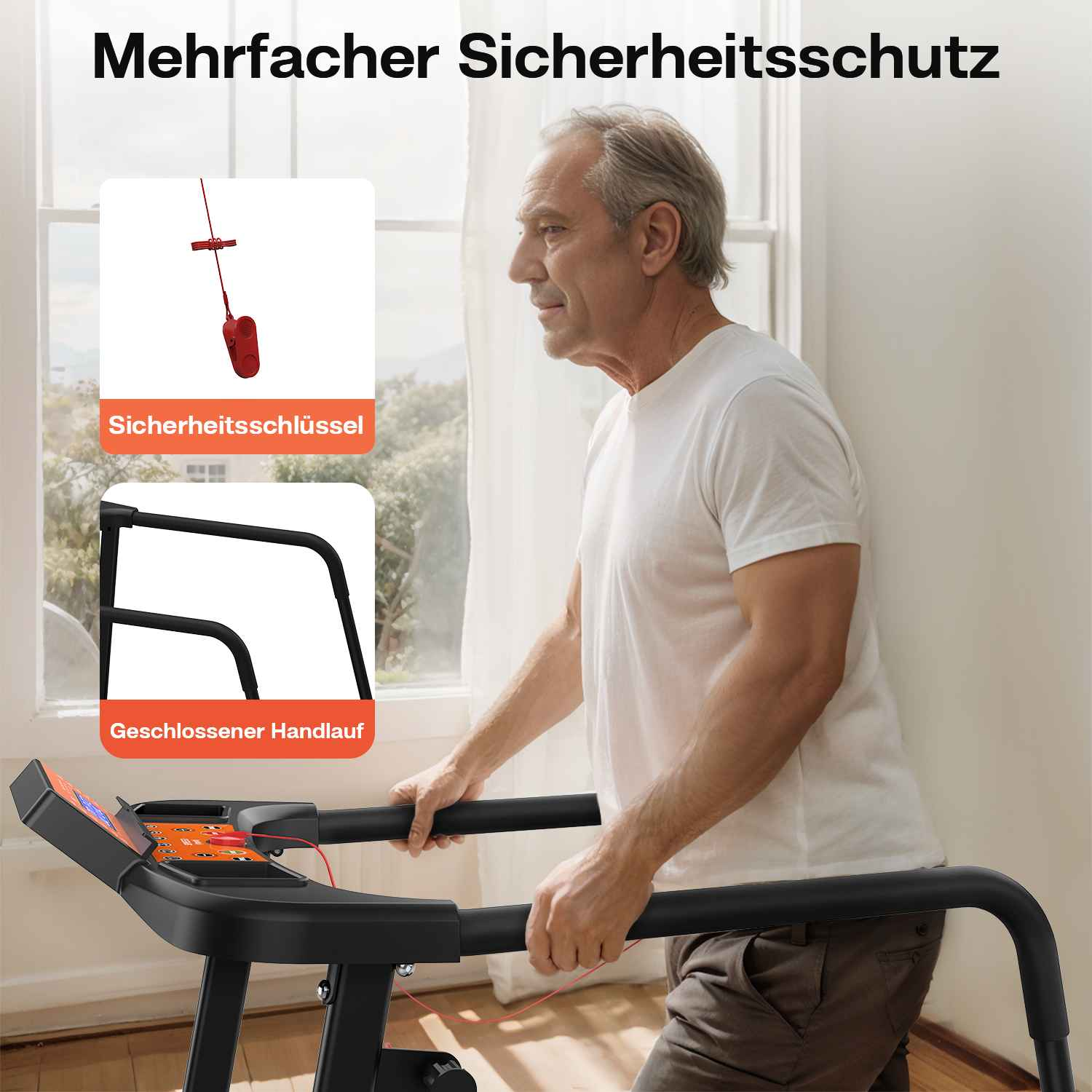 Ein älterer Mann benutzt ein Laufband, hält sich an den Griffen fest. Sicherheitsschlüssel und geschlossener Handlauf sind gezeigt.