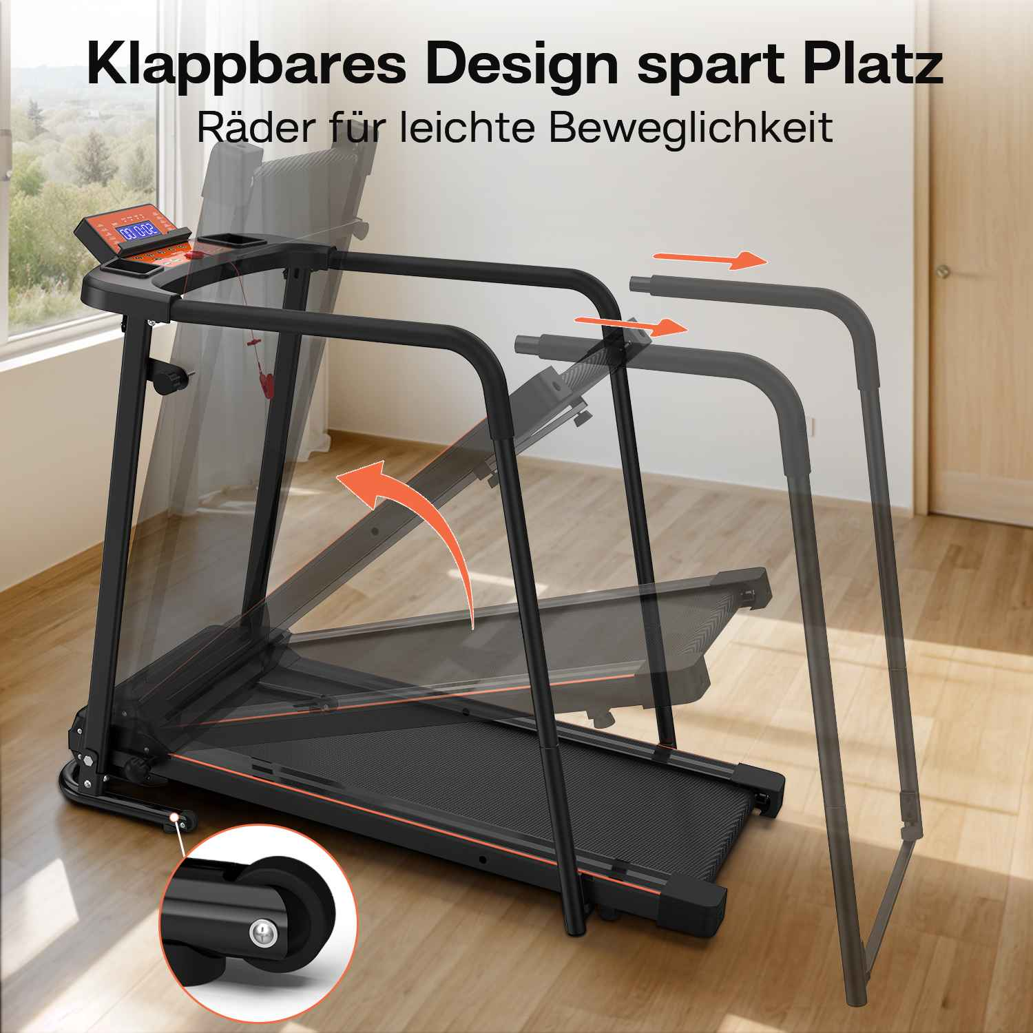Schwarzes, zusammenklappbares Laufband mit orangefarbenen Akzenten. Es ist teilweise zusammengeklappt, mit Pfeilen, die die Faltrichtung anzeigen.