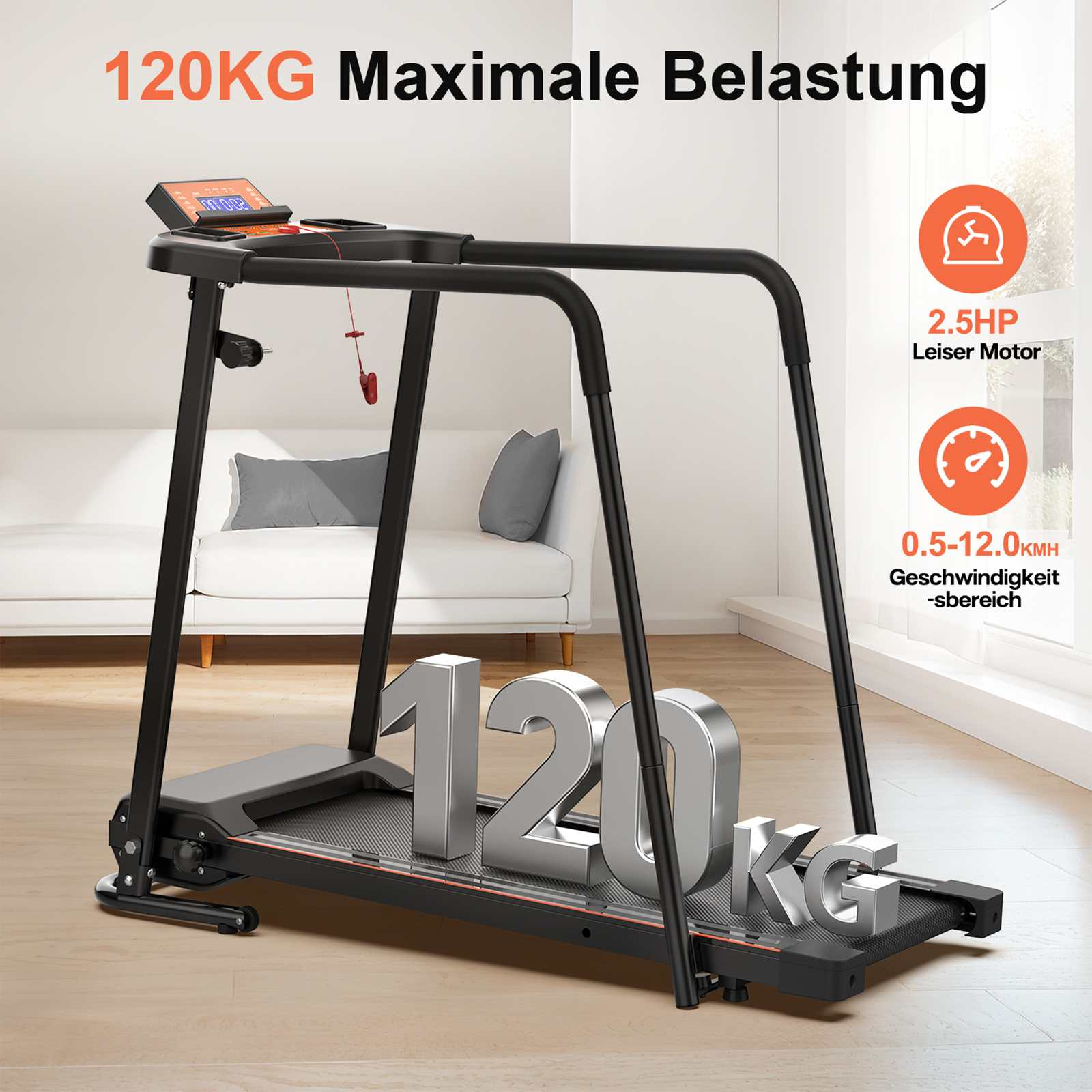 Laufband mit 120 kg max. Belastung, schwarzer Rahmen, Digitalanzeige. Weißes Sofa im Hintergrund. Orangefarbene Symbole.