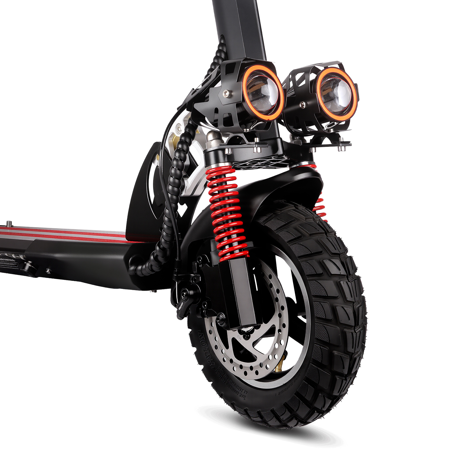 Czarna hulajnoga elektryczna z czerwonymi sprężynami i dwoma przednimi światłami. Opona jest czarna z grubym bieżnikiem.