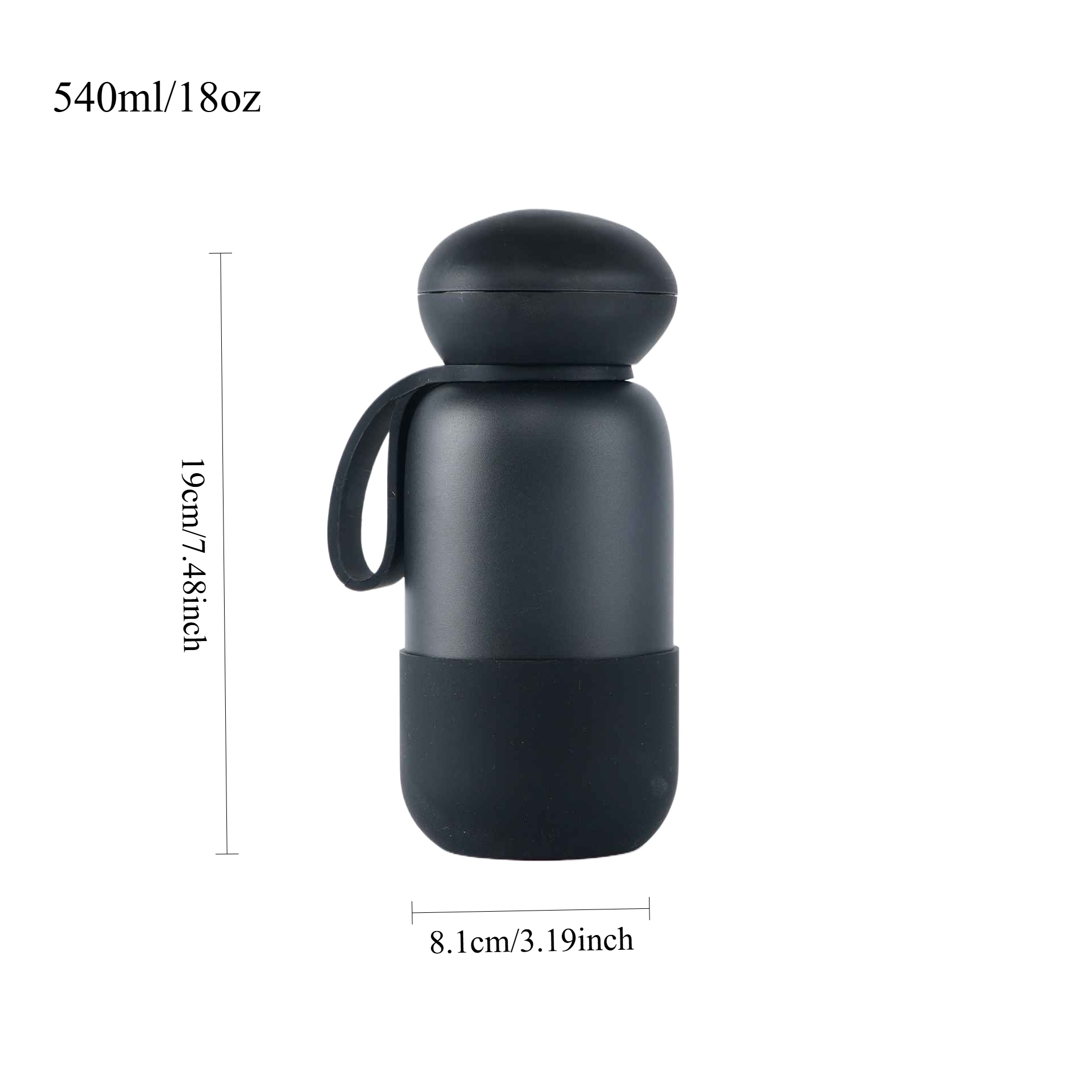 Eine schwarze Isolierwasserflasche mit Griff, Maße angegeben. Der Hintergrund ist weiß.