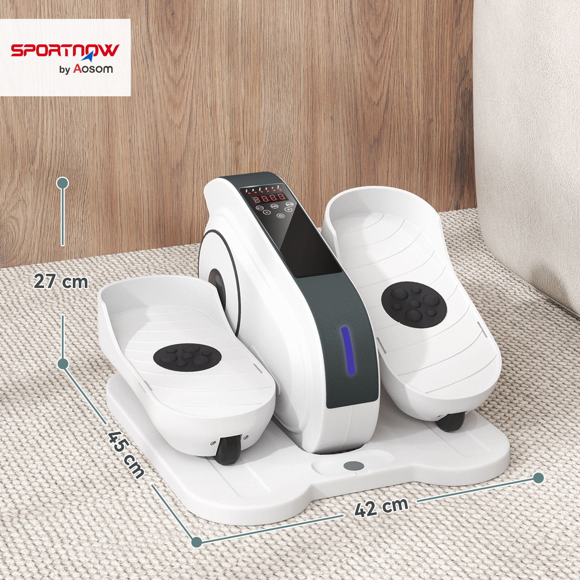 Weiß-graue Ellipsentrainer. Es steht auf einem Teppich. Abmessungen sind angegeben: 45 cm, 42 cm, 27 cm. Die Marke ist Sportnow.