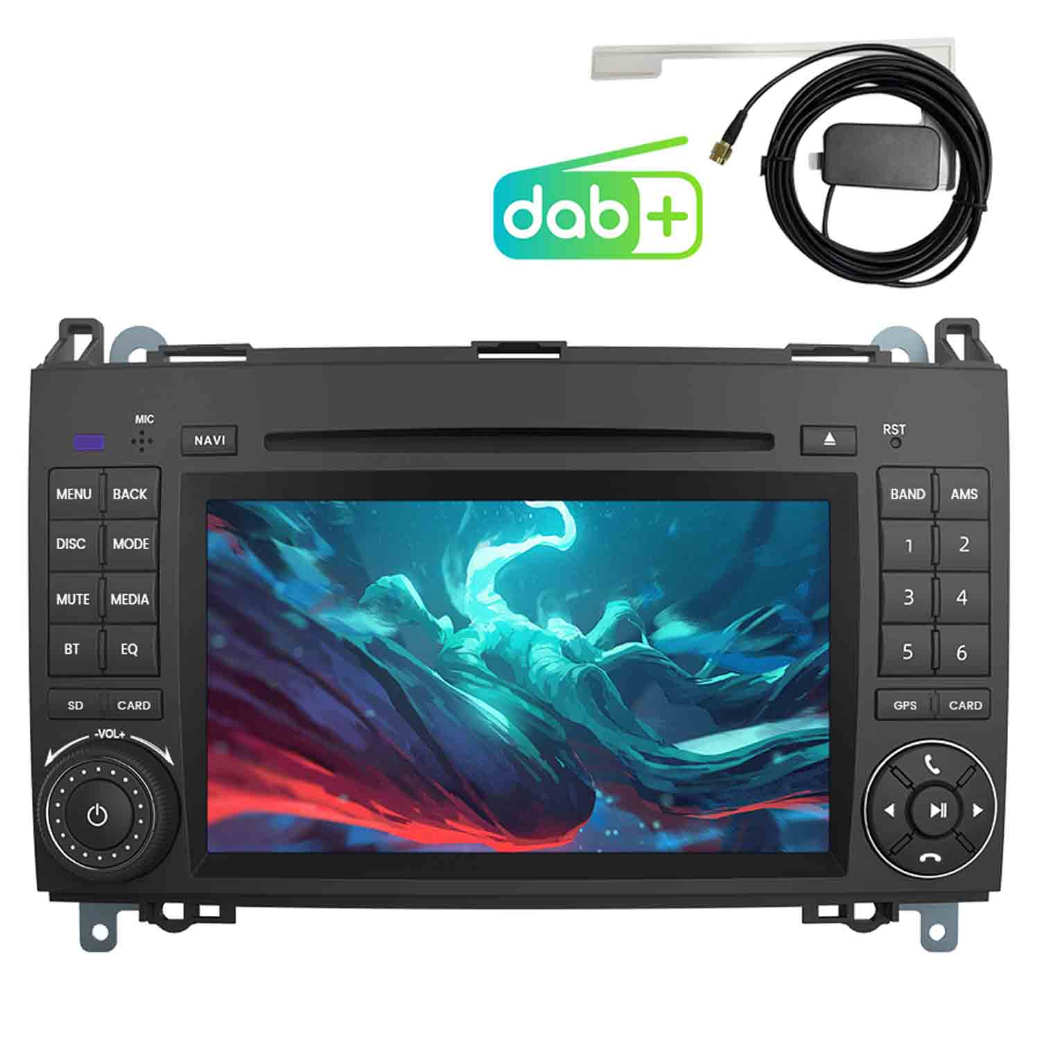 Autoradio mit Bildschirm, Knöpfen und DAB+-Logo. Enthält GPS, Antenne und Tasten für verschiedene Funktionen.