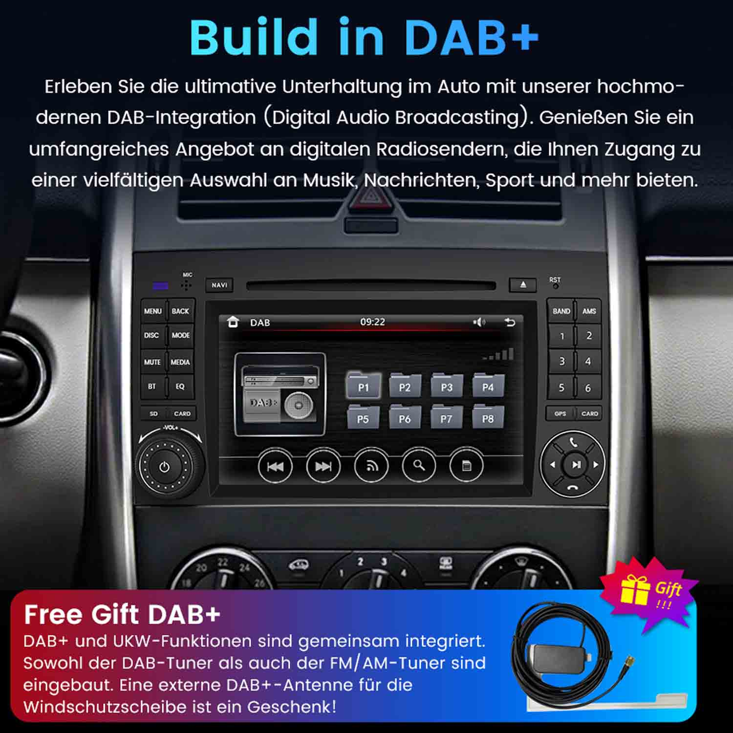 Autoradio-Bildschirm mit DAB+-Funktionen. Text oben und ein Geschenkanhänger rechts unten. Ein Kabel ist ebenfalls sichtbar.