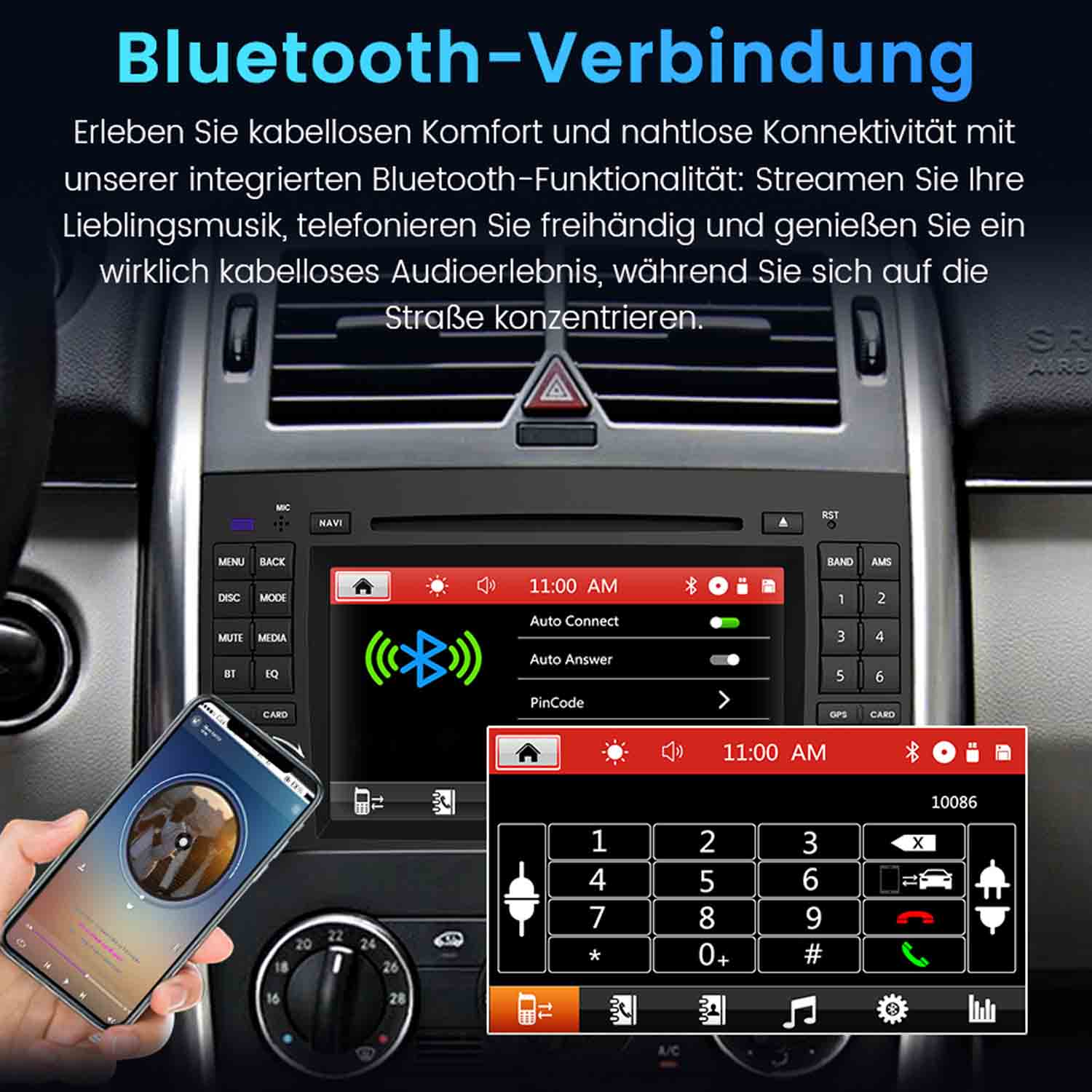 Autoradio mit Bluetooth, ein Telefon, das Musik anzeigt, und eine Hand, die das Telefon hält. Der Bildschirm zeigt Bluetooth-Einstellungen.