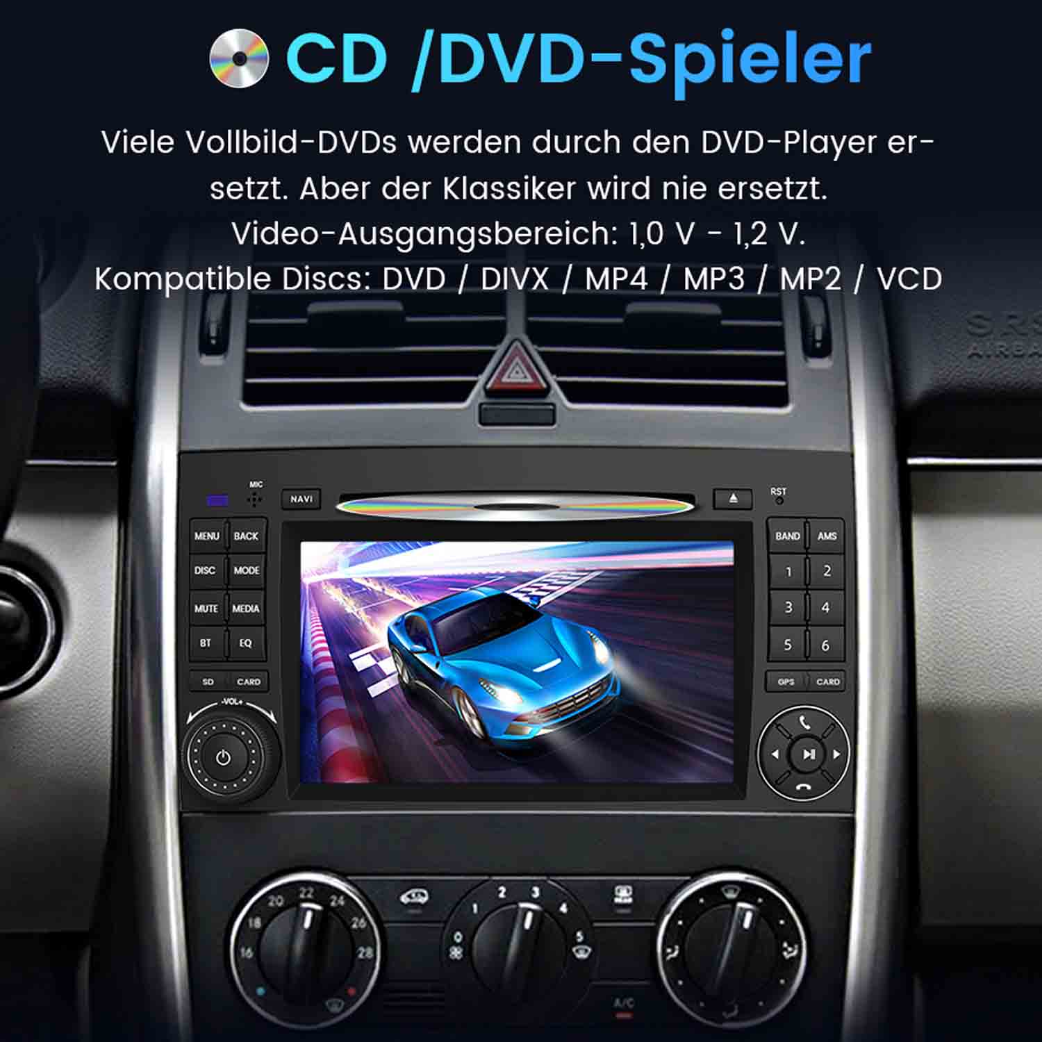 Autoradio mit Bildschirm, der ein blaues Auto auf einer Rennstrecke zeigt. Knöpfe und ein Lautstärkeregler sind sichtbar.