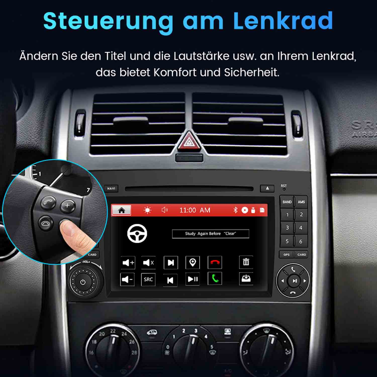 Armaturenbrett mit Multimediasystem. Lenkradbedienelemente sichtbar, Finger drückt Knopf. Bildschirm zeigt Menü an.