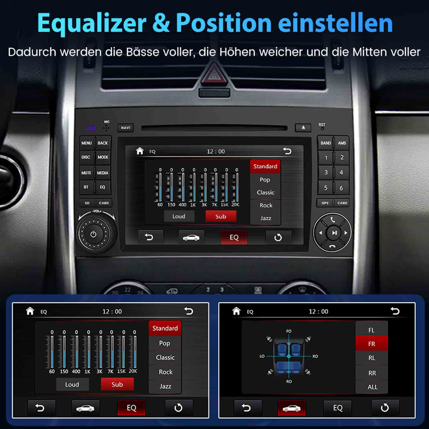 Autoradio-Equalizer-Einstellungen mit Optionen zur Klangeinstellung und Voreinstellungen. Zeigt verschiedene Audiosteuerungen und -einstellungen.