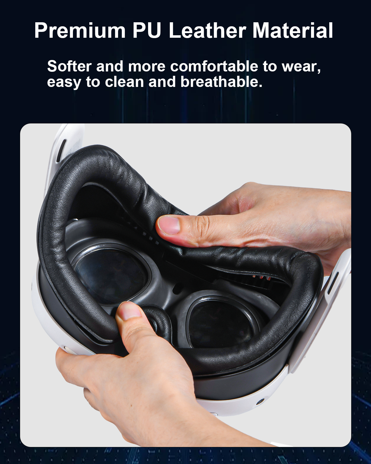 Ręce trzymające zestaw słuchawkowy VR z czarną skórzaną wyściółką. Tekst mówi, że jest to skóra PU premium i jest miękka, wygodna i łatwa do czyszczenia.