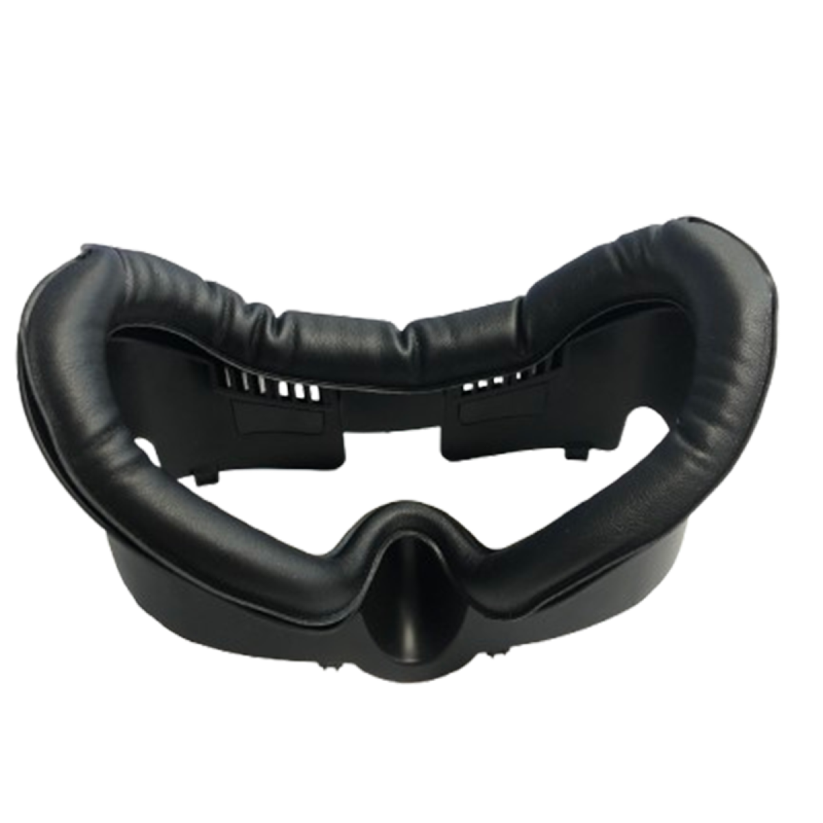 Czarny interfejs twarzy zestawu słuchawkowego VR, z poduszką imitującą skórę i plastikową ramką. Tło jest czarne.