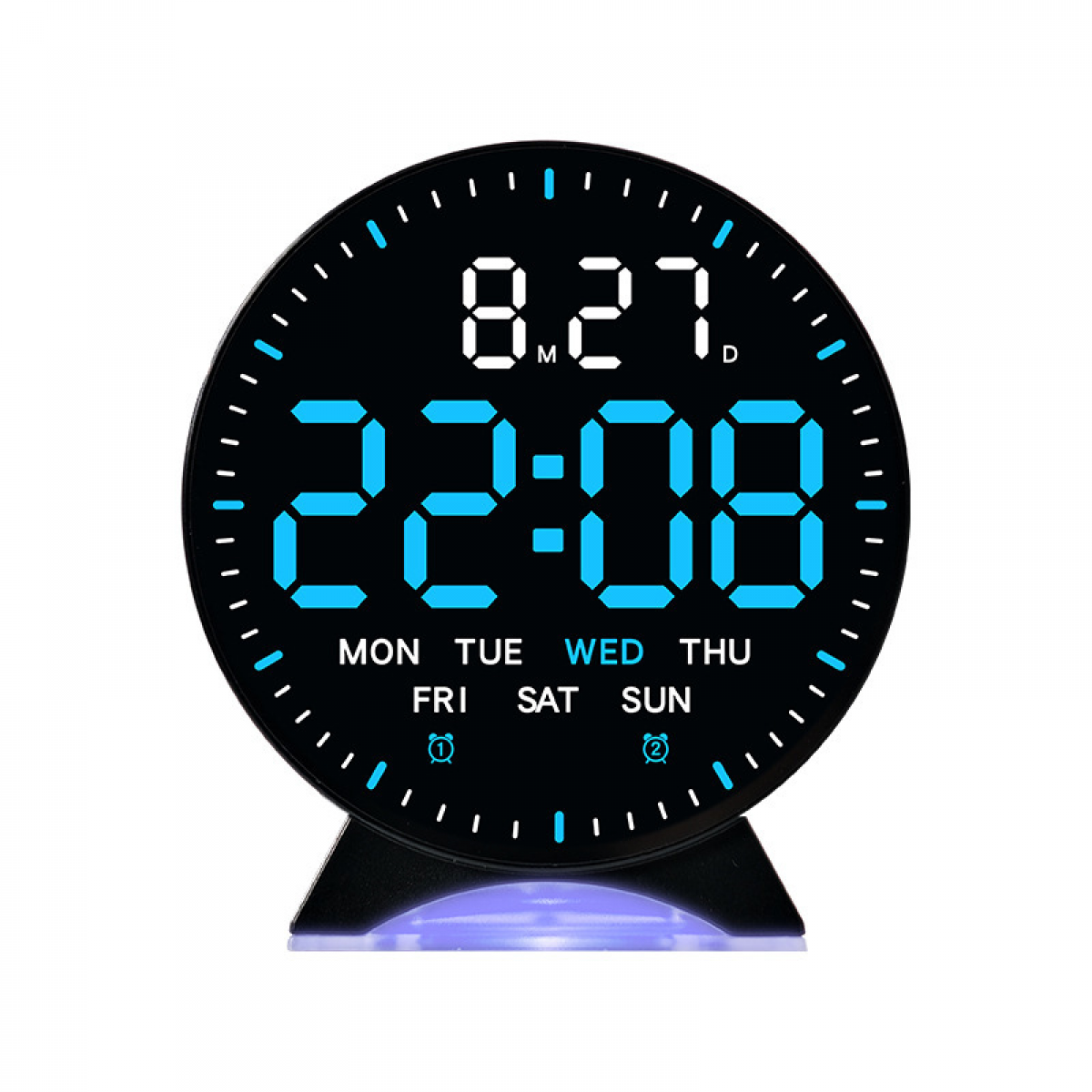 Ein digitaler Wecker zeigt 22:08 Uhr an. Das Datum ist der 27.8. Er hat eine schwarze runde Anzeige mit blauen Ziffern. Wochentage werden angezeigt.
