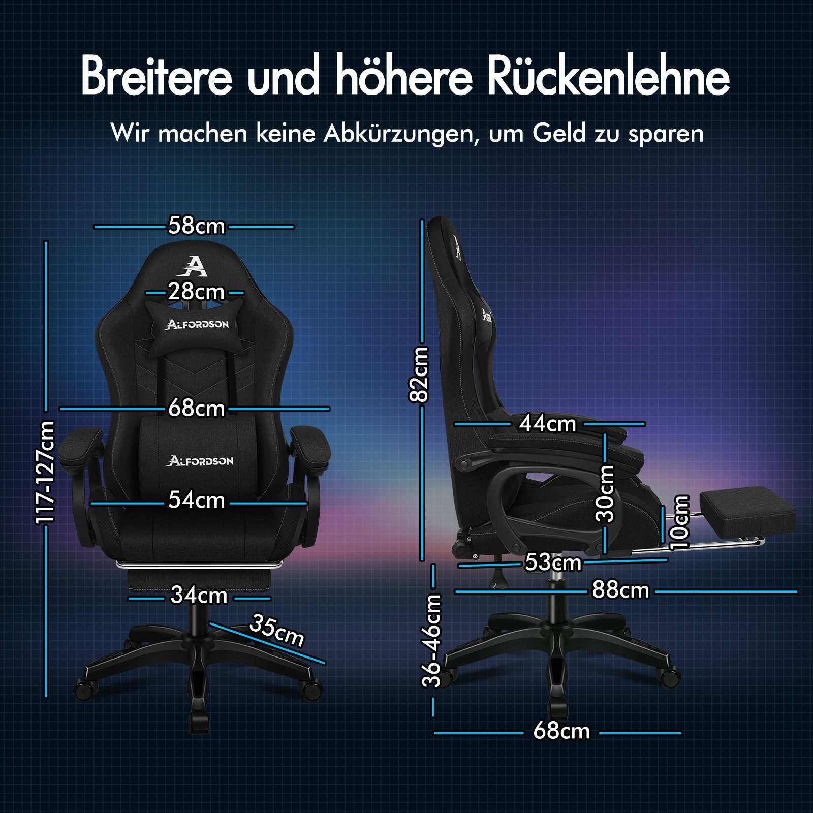 Diagramm eines schwarzen Gaming-Stuhls mit Zentimeter-Maßen. Der Stuhl hat eine Kopfstütze und eine Fußstütze.