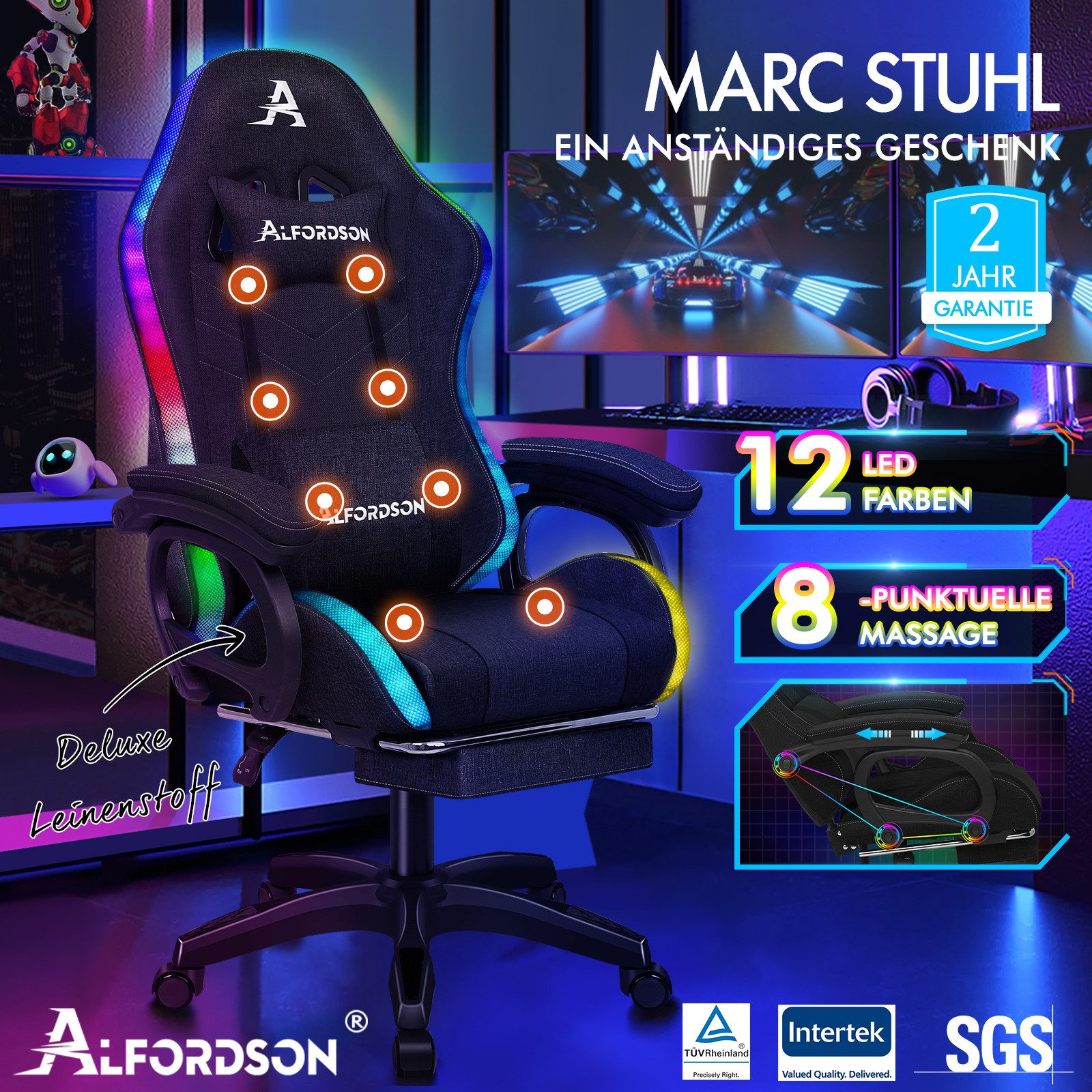 Gaming-Stuhl mit LED-Beleuchtung, Massage und Fußstütze. Enthält Text: MARC STUHL. Schwarzer Stoffstuhl mit farbigen Akzenten.