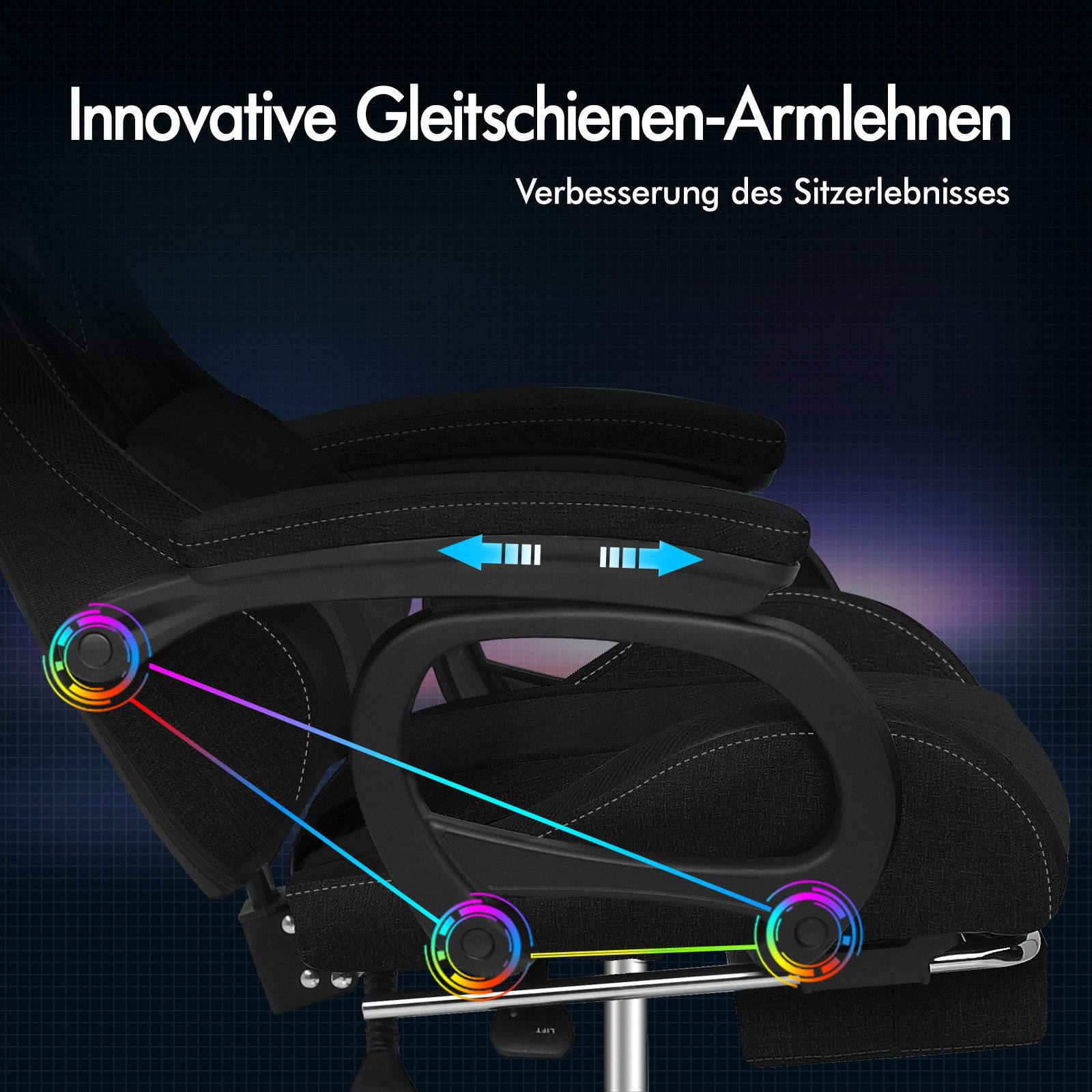 Schwarzer Gaming-Stuhl mit verstellbaren Armlehnen. Text: Innovative Gleitschienen-Armlehnen, Verbesserung des Sitzerlebnisses.