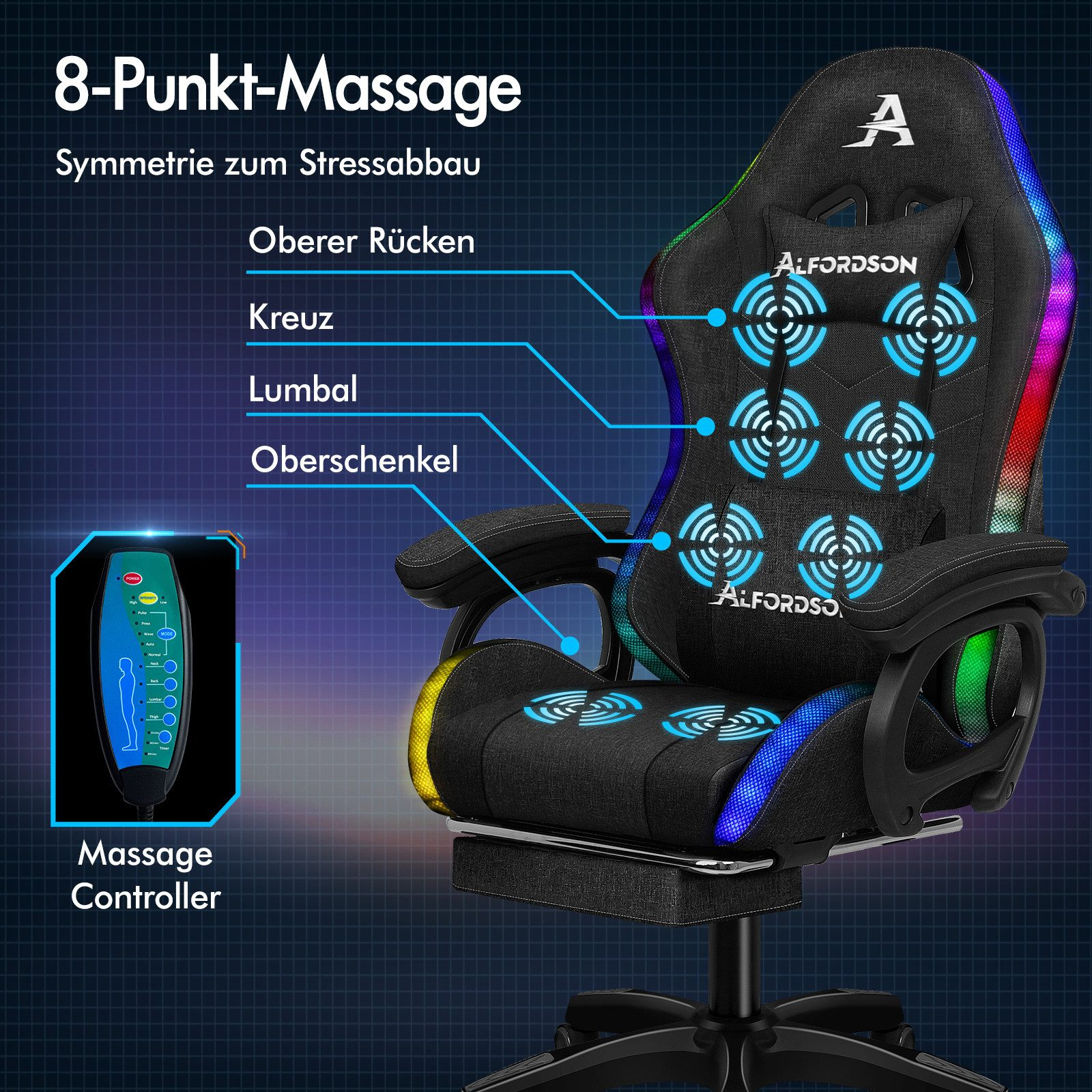 Gaming-Stuhl mit 8-Punkt-Massagefunktion, schwarzem Stoff, mit Controller und blauer Beleuchtung.
