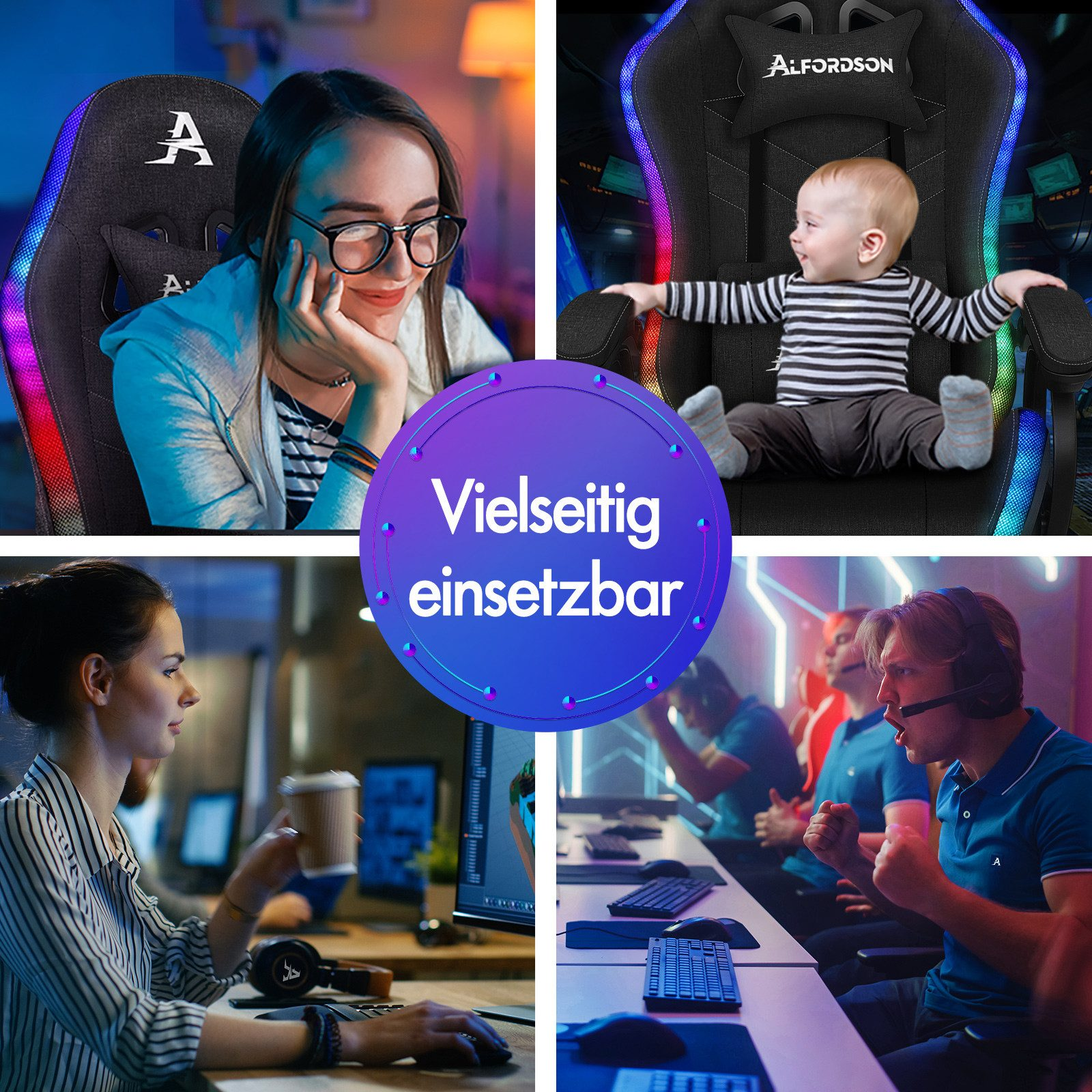 Ein Werbebild, das einen Gaming-Stuhl zeigt, der von einer Frau, einem Baby und Gamern genutzt wird. Ein zentraler Text lautet 'Vielseitig einsetzbar'.