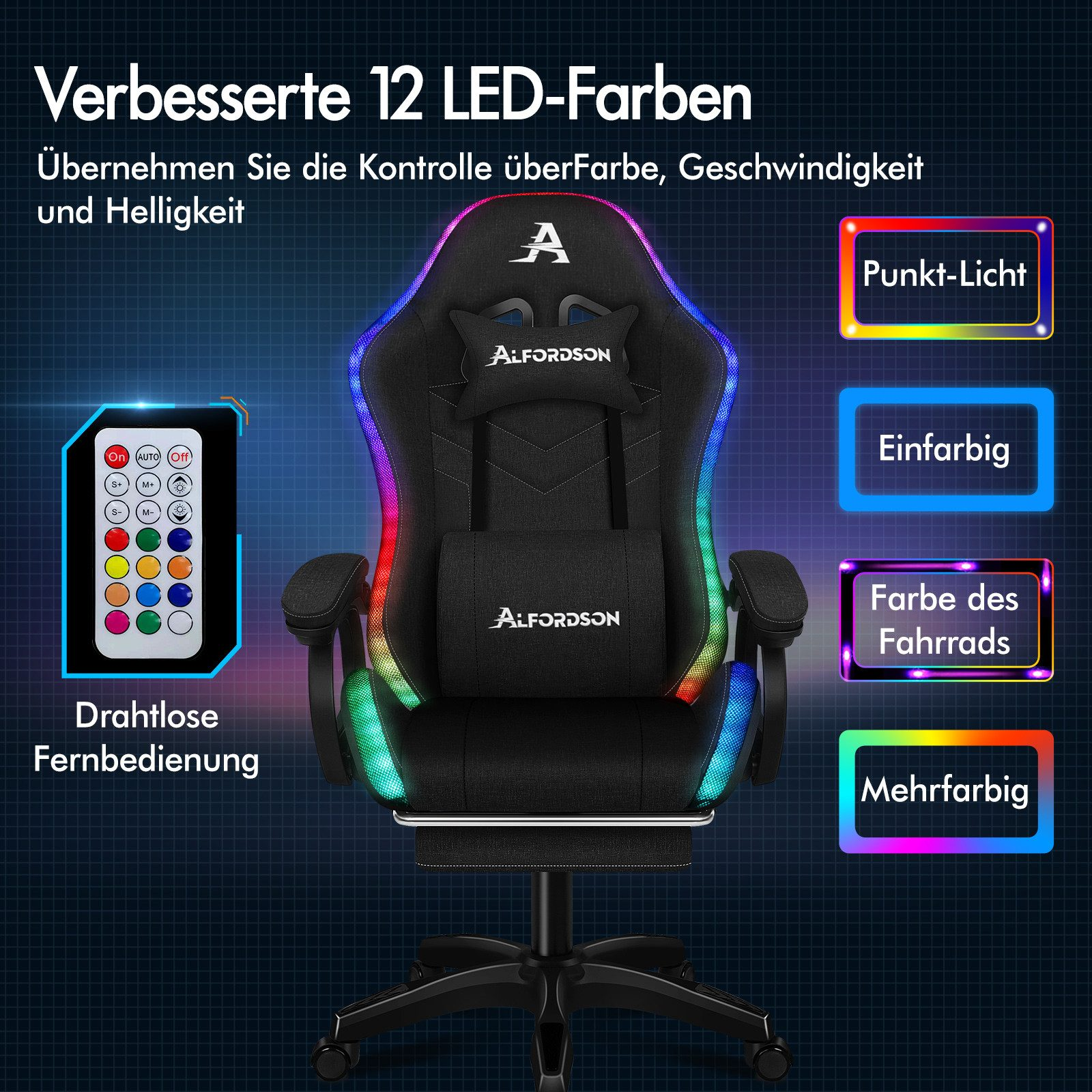 Gaming-Stuhl mit LED-Leuchten. Verfügt über Fernbedienung, mehrere Farboptionen und den Markennamen 'ALFORDSON'.