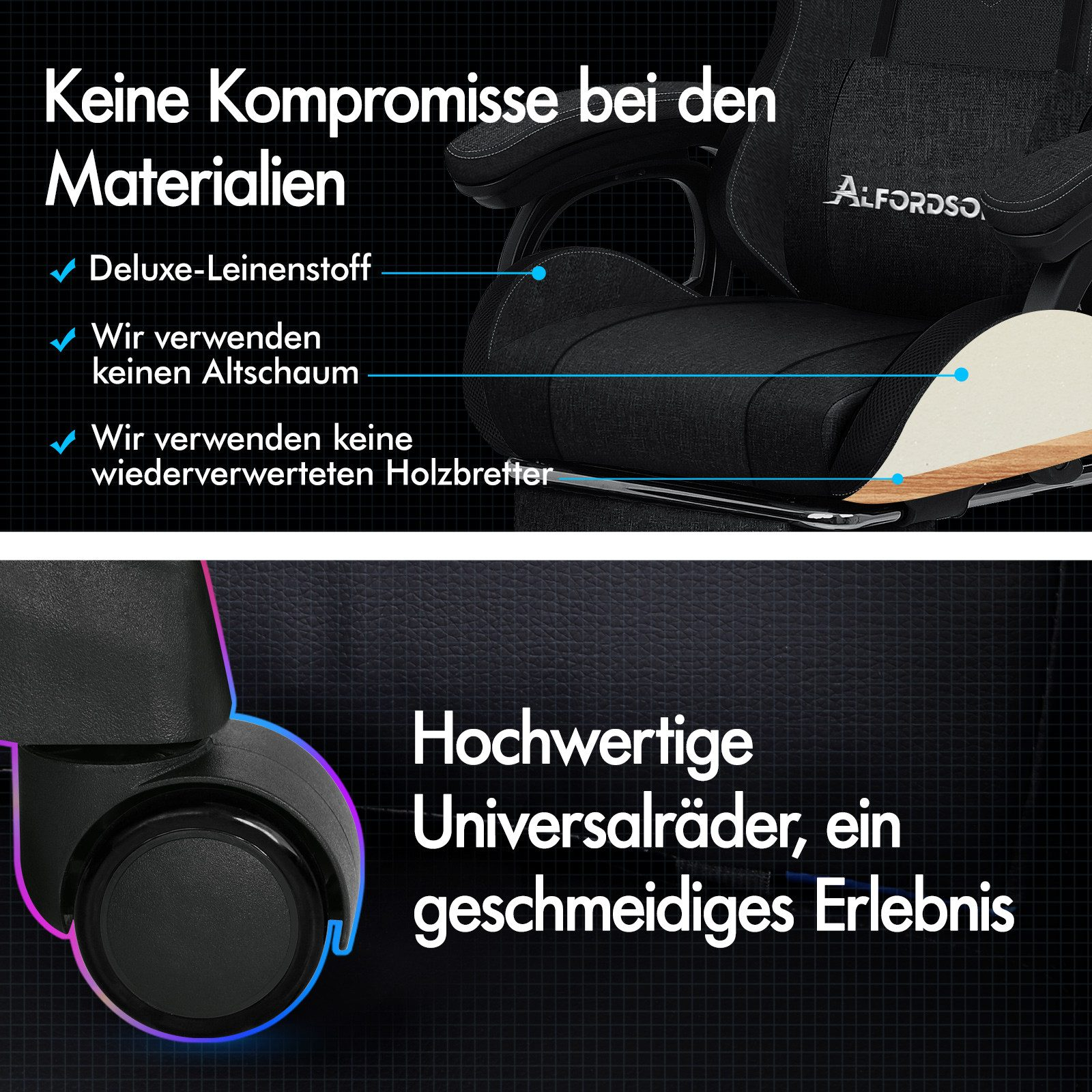 Ein Bürostuhl mit Text über Materialien. Er hat schwarze Rollen und einen schwarzen Sitz mit der Marke Alfordso.