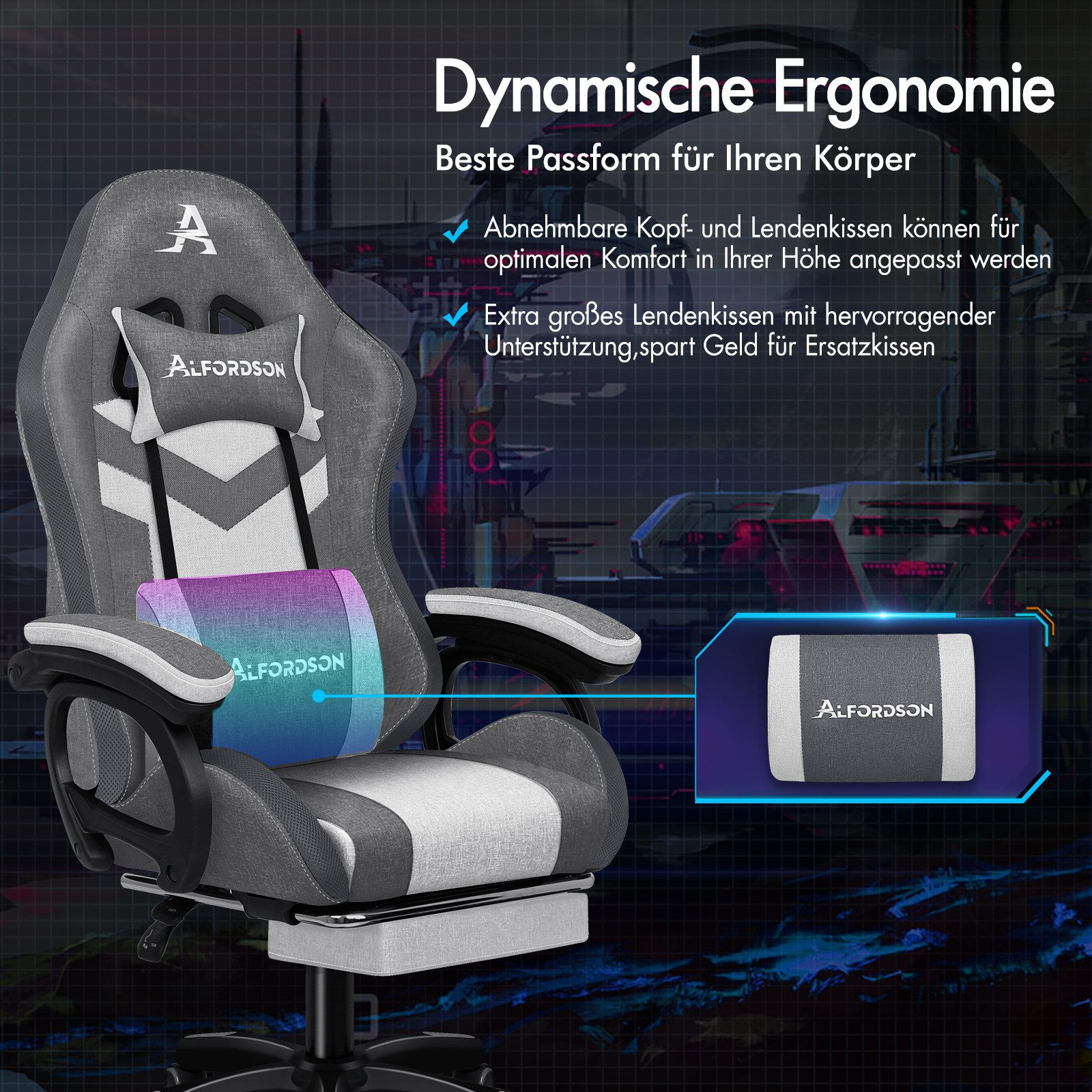 Gaming-Stuhl mit Kopf- und Lordosekissen. Grau und Weiß. Die Marke ist Alfordson.
