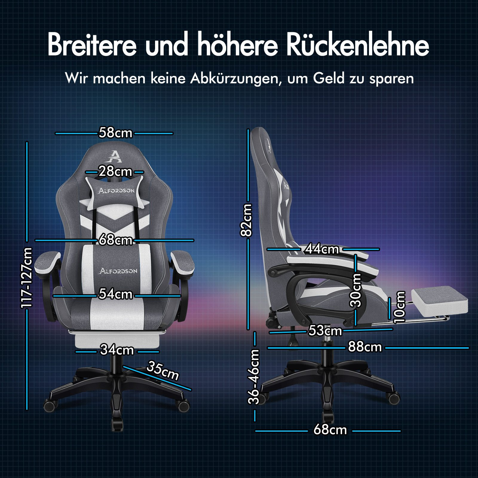 Ein grau-weißer Gaming-Stuhl mit Maßangaben. Er hat eine Kopfstütze, Armlehnen und eine Fußstütze. Der Hintergrund ist dunkel.