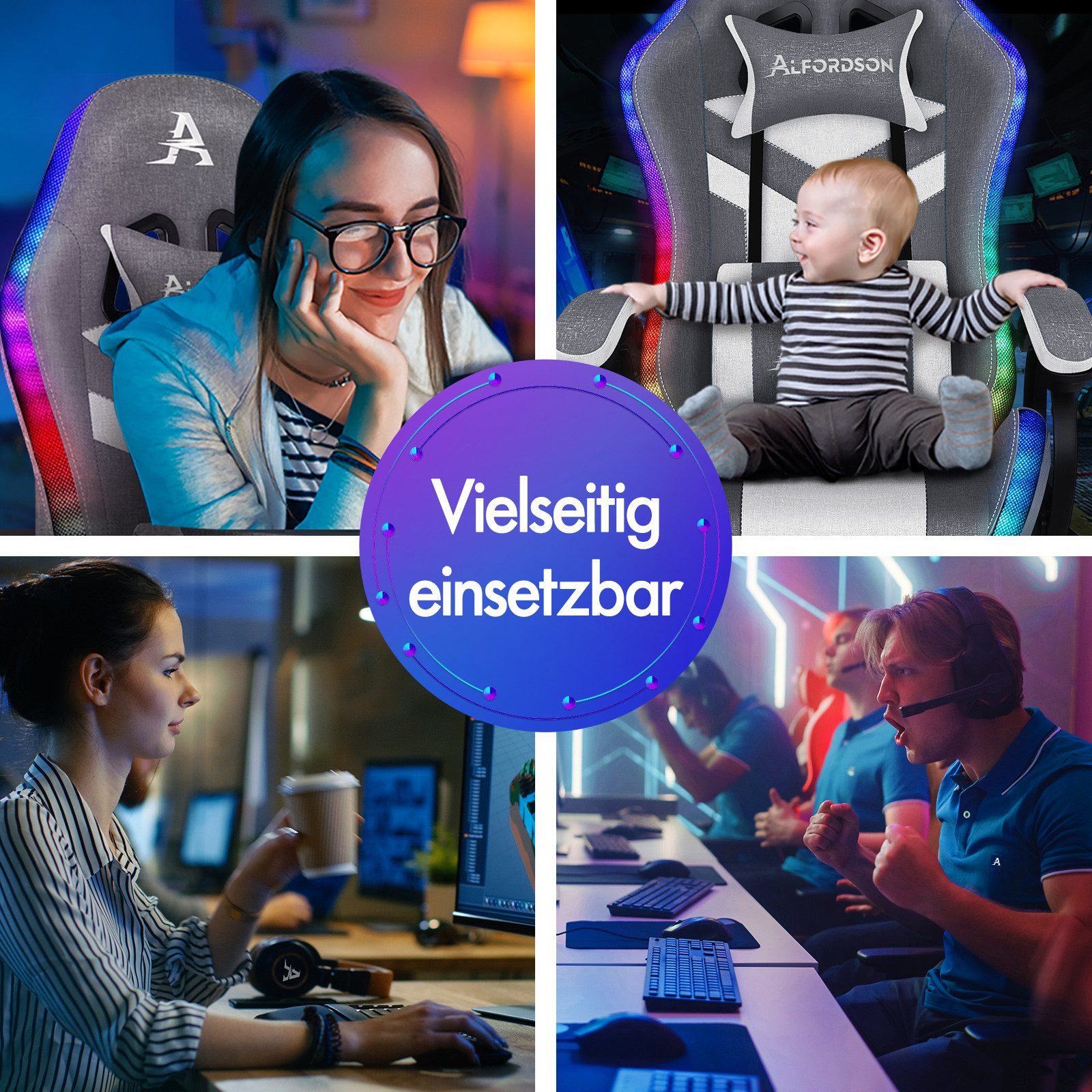 Collage von vier Bildern. Eine Frau in einem Stuhl, ein Baby in einem Gaming-Stuhl, eine arbeitende Frau und feiernde Spieler.