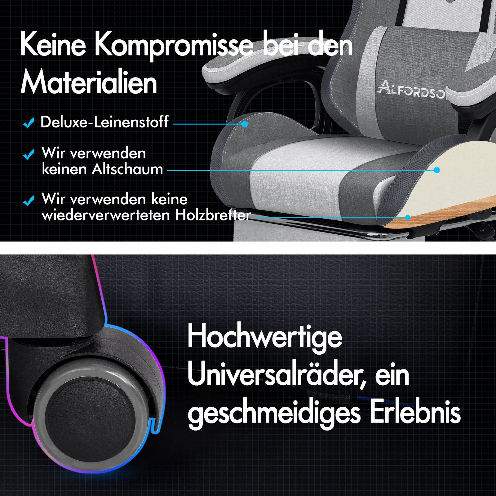 Detail des Gaming-Stuhls. Grauer Stoff, Holzrahmen und Rollen. Text: Keine Kompromisse bei den Materialien, hochwertige Rollen.