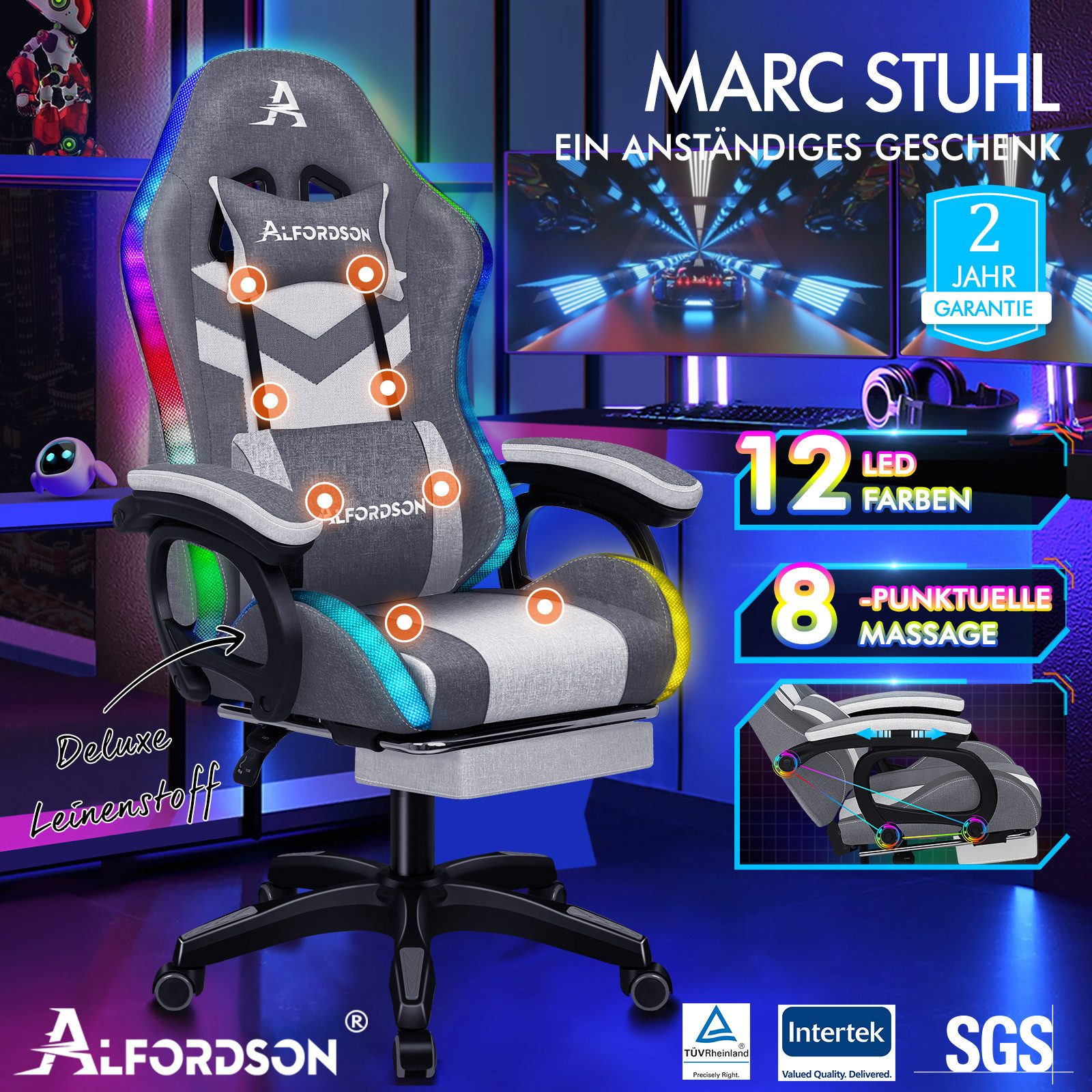 Gaming-Stuhl mit LED-Leuchten, Massage und Fußstütze. Grau und Weiß. Text: MARC STUHL, Alfordson.