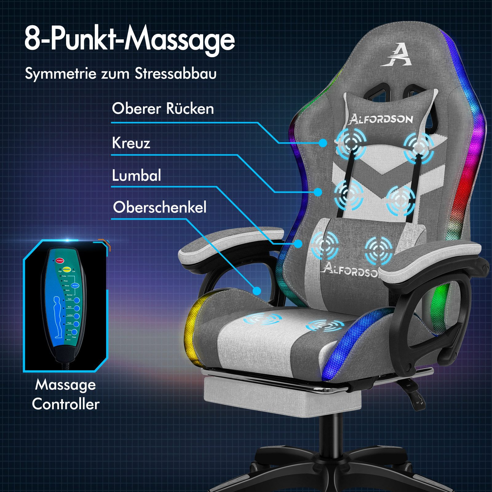Grauer und weißer Massagestuhl mit blauen und roten Lichtern. Enthält eine Steuerung und beschriftete Massagepunkte.
