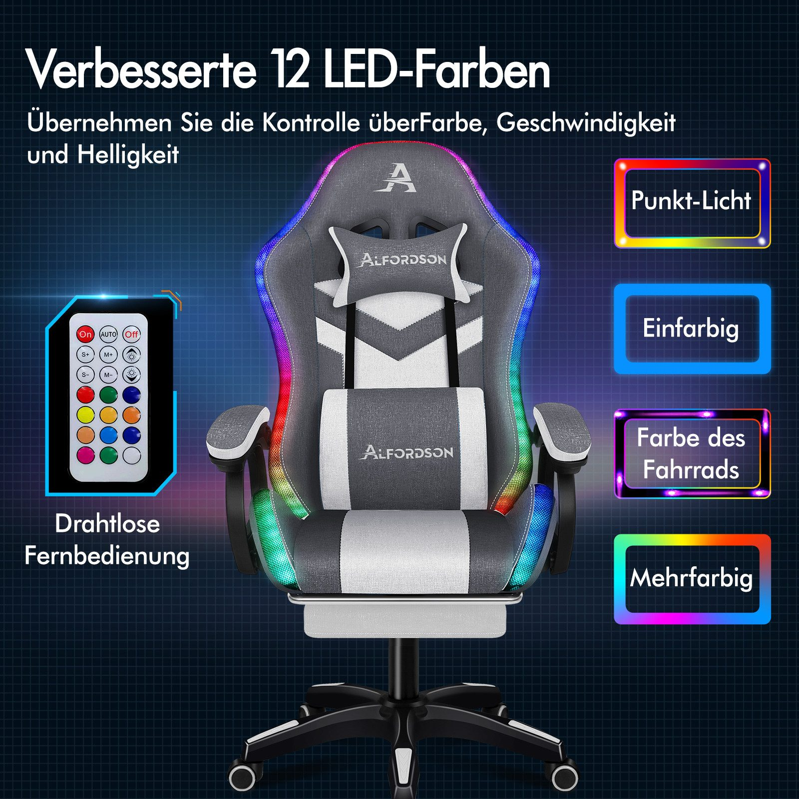 Gaming-Stuhl mit LED-Leuchten. Merkmale sind eine Fernbedienung und Farboptionen. Der Stuhl ist grau und weiß.