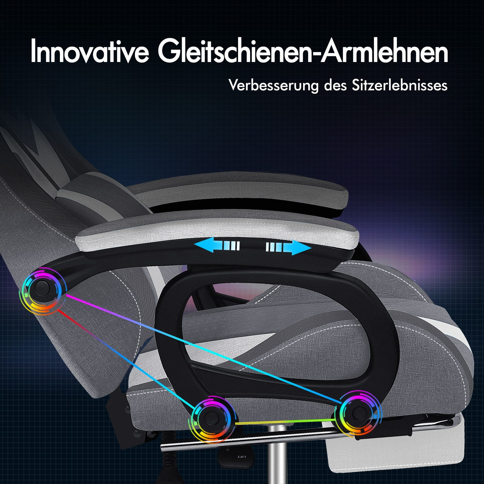 Gaming-Stuhl mit verstellbaren Armlehnen. Grauer Stoff mit weißen Nähten. Pfeile zeigen die Bewegung an. Bunte Lichter akzentuieren das Design.
