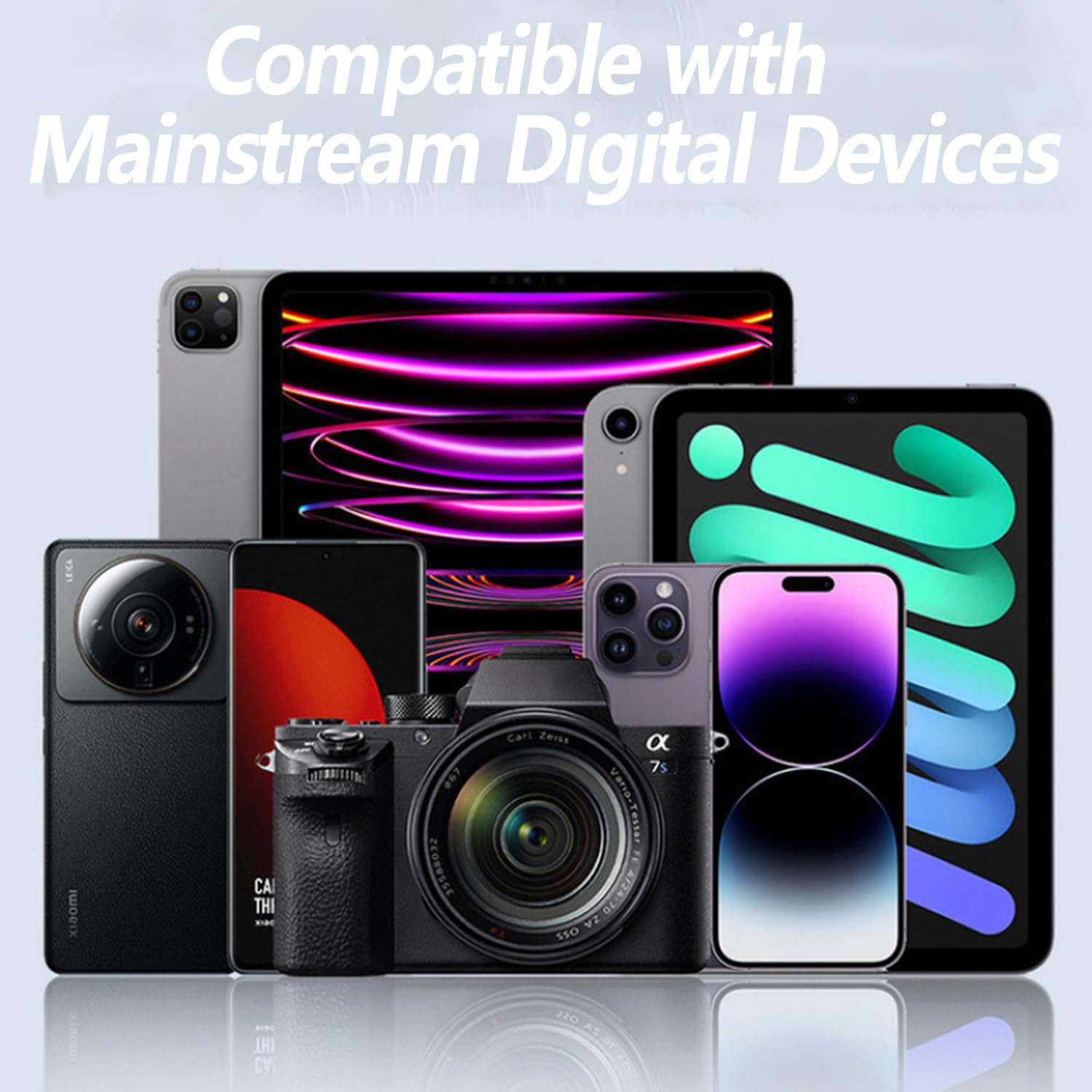 Das Bild zeigt mehrere digitale Geräte: Tablets, Telefone und eine Kamera, die zusammen angeordnet sind. Geräte haben verschiedene Farben und Designs.