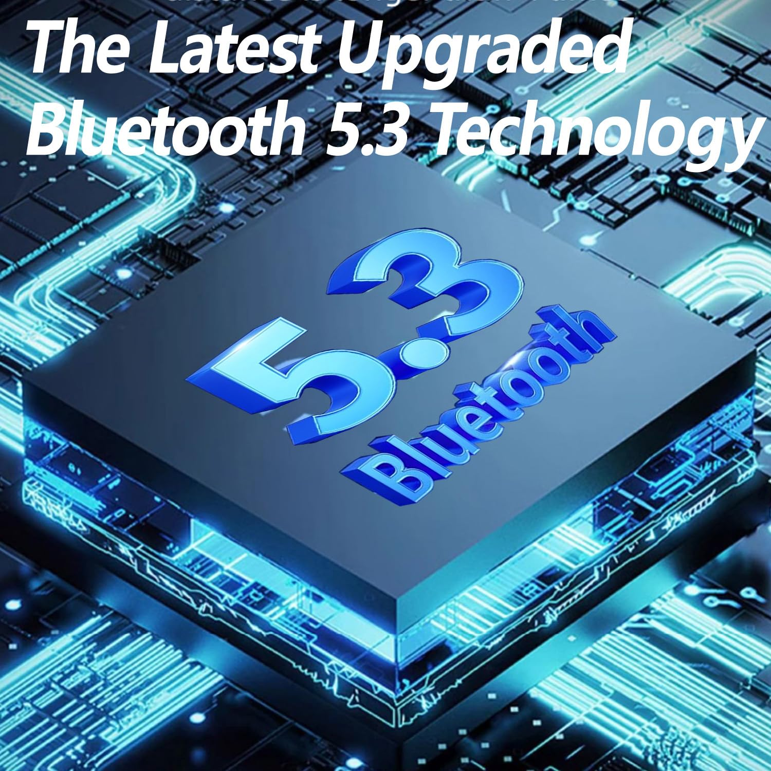 Das Bild zeigt Bluetooth 5.3 Technologie. Ein blaues 5.3 Logo befindet sich auf einem Hintergrund einer Leiterplatte mit dem Wort 'Bluetooth'.