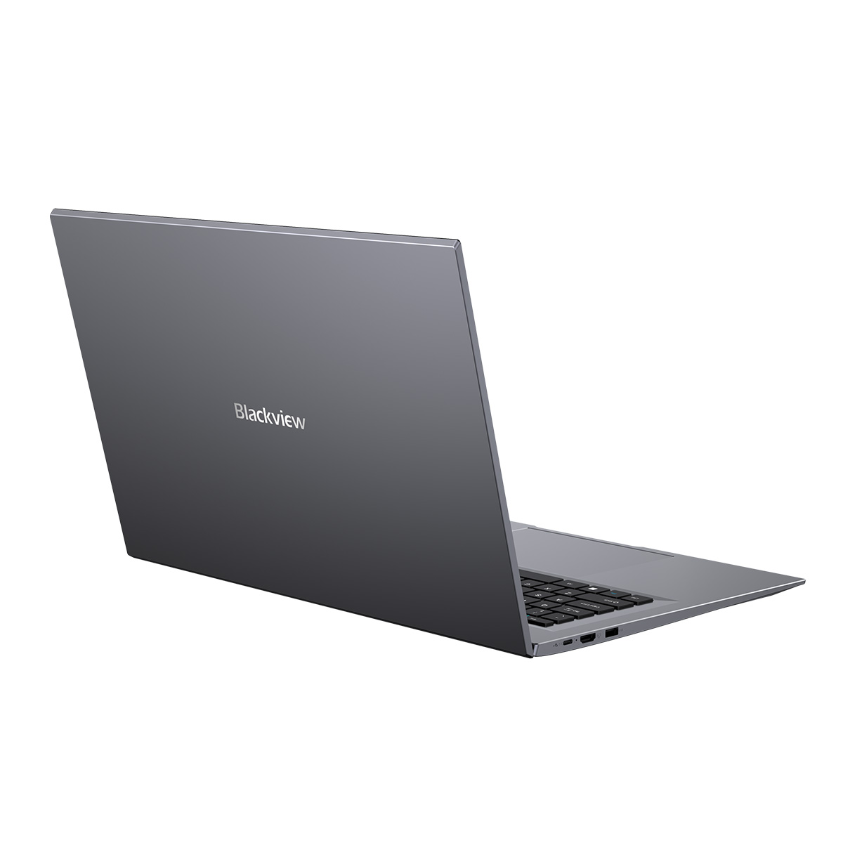 Ein grauer Blackview-Laptop ist leicht geöffnet und zeigt die Tastatur. Das Logo befindet sich auf dem Deckel. Der Hintergrund ist weiß.