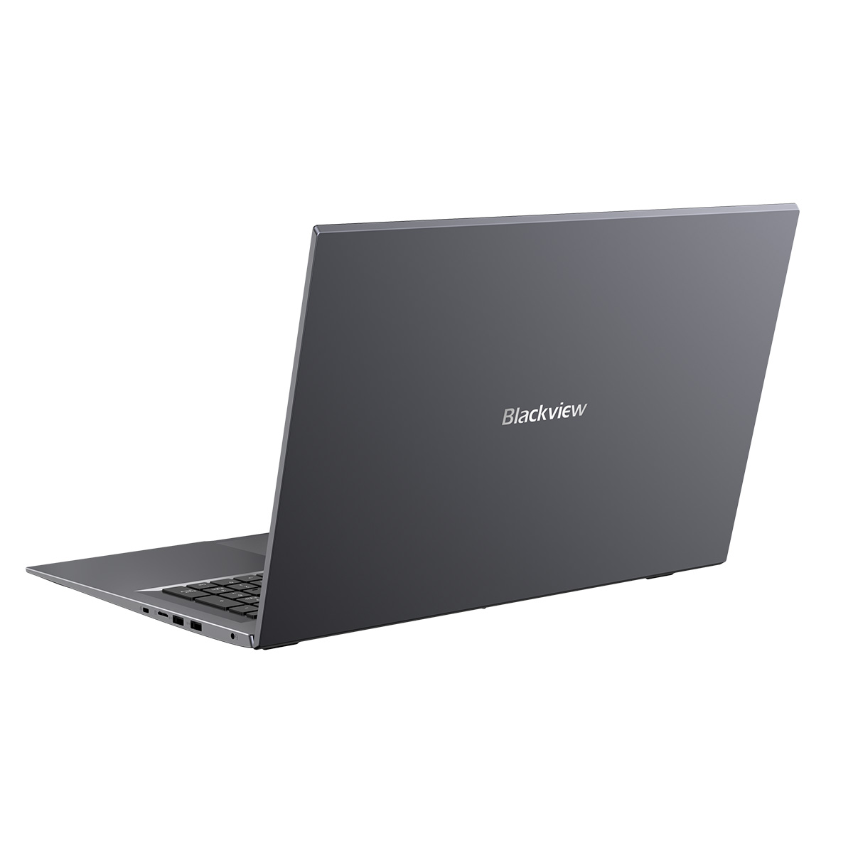 Ein grauer Blackview-Laptop ist schräg abgebildet, der Bildschirm ist geöffnet. Die Tastatur ist sichtbar, der Markenname auf der Rückseite.