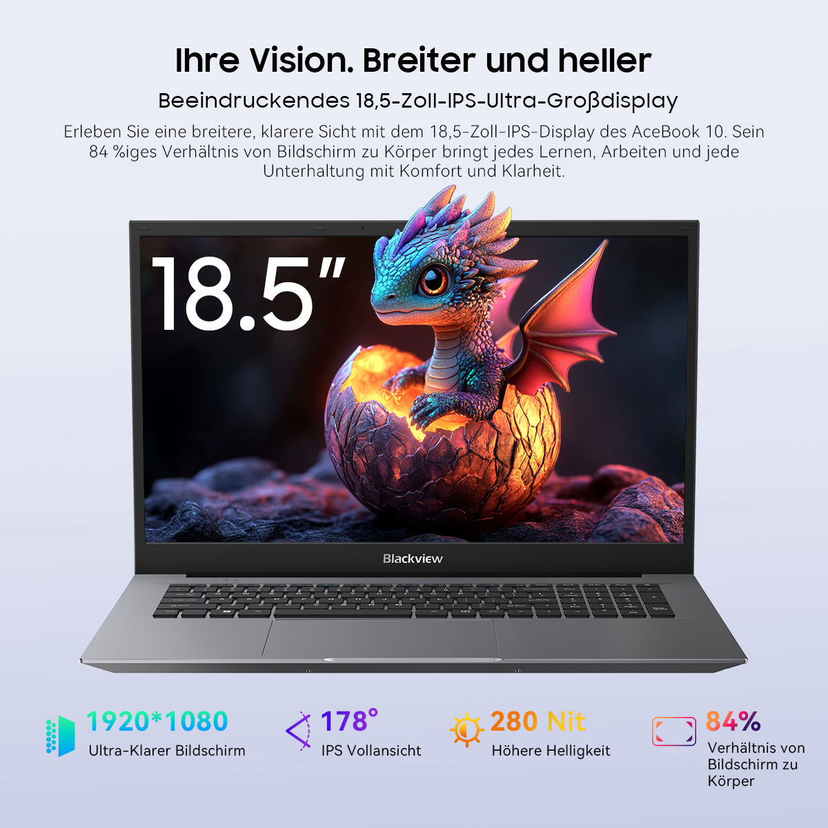 Ein Laptop zeigt einen Cartoon-Drachen, der aus einem Ei schlüpft. Der Bildschirm zeigt 18,5 Zoll an. Text darunter listet die Spezifikationen auf.