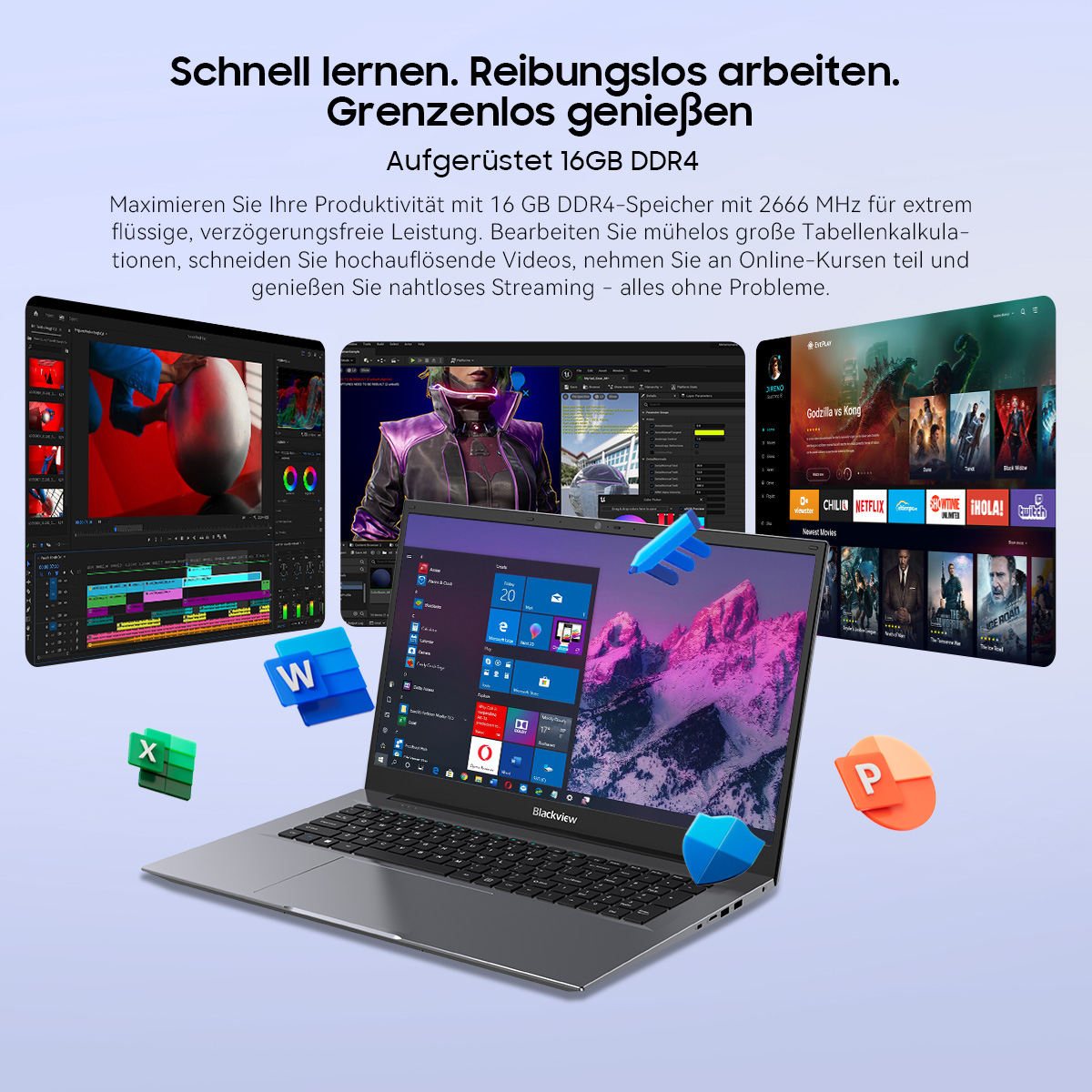 Ein Laptop zeigt mehrere Softwareoberflächen. Symbole für Word, Excel und Powerpoint sind sichtbar. Der Hintergrund ist ein Farbverlauf.