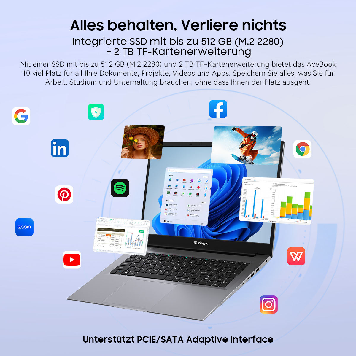 Ein Laptop mit schwebenden Apps. Eine Frau, ein Snowboarder und Diagramme sind auf dem Bildschirm. Der Text lautet 'Alles behalten. Verliere nichts'.