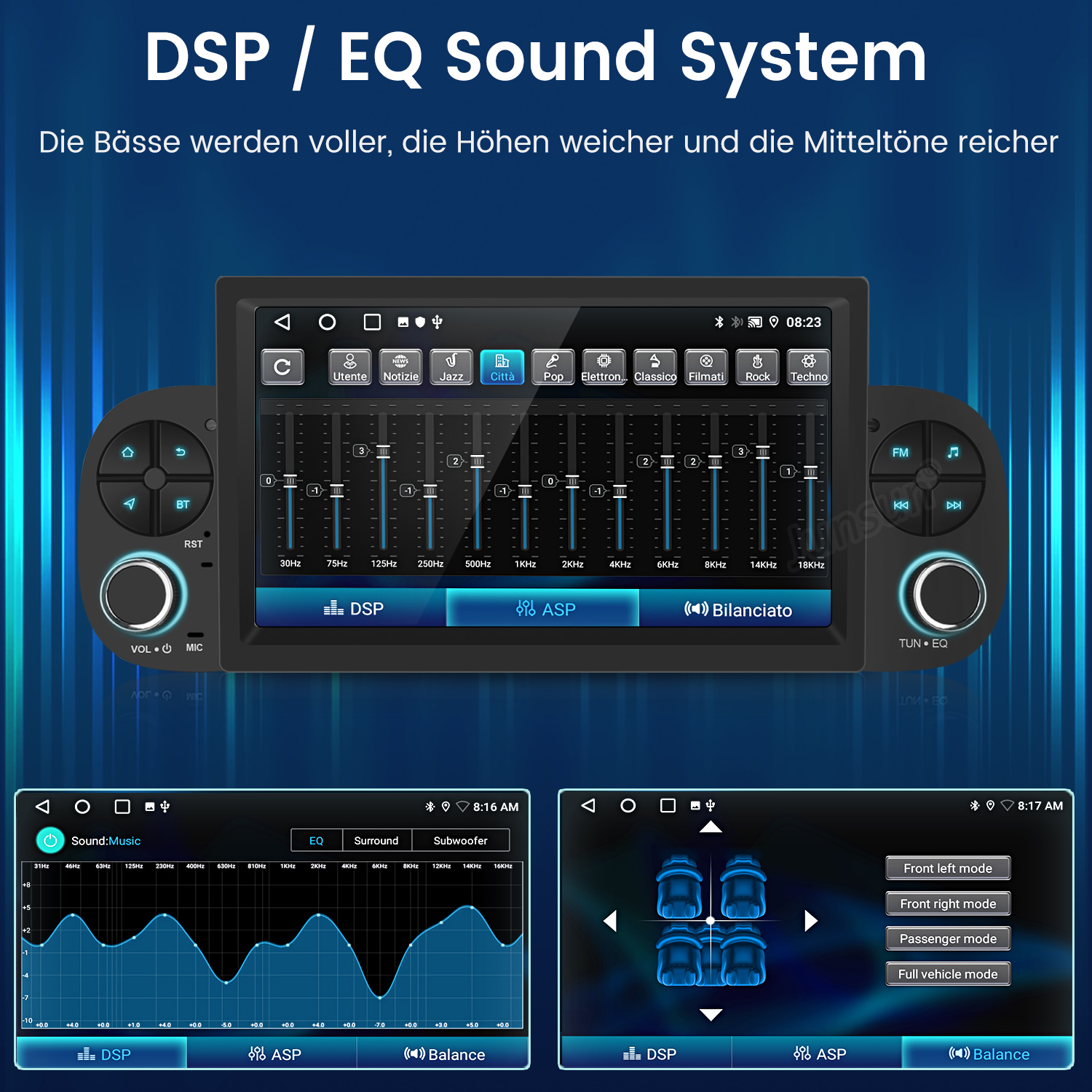 Auto-Audiosystem-Oberfläche mit Equalizer-Einstellungen und verschiedenen auf dem Bildschirm angezeigten Tonmodi.