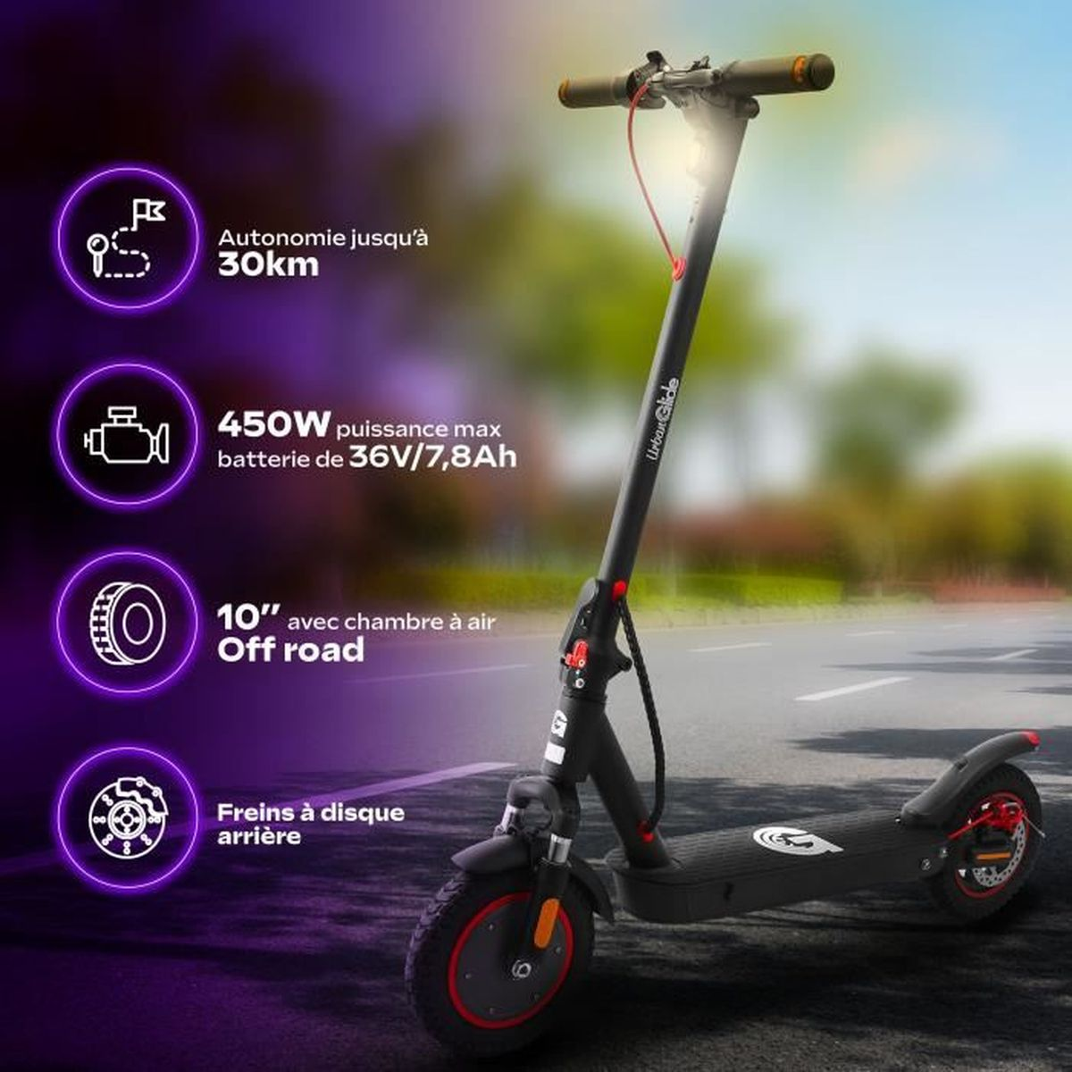 Trottinette électrique Urban Glide noire sur route. Caractéristiques : 30km d'autonomie, 450W max, pneus 10", freins à disque.